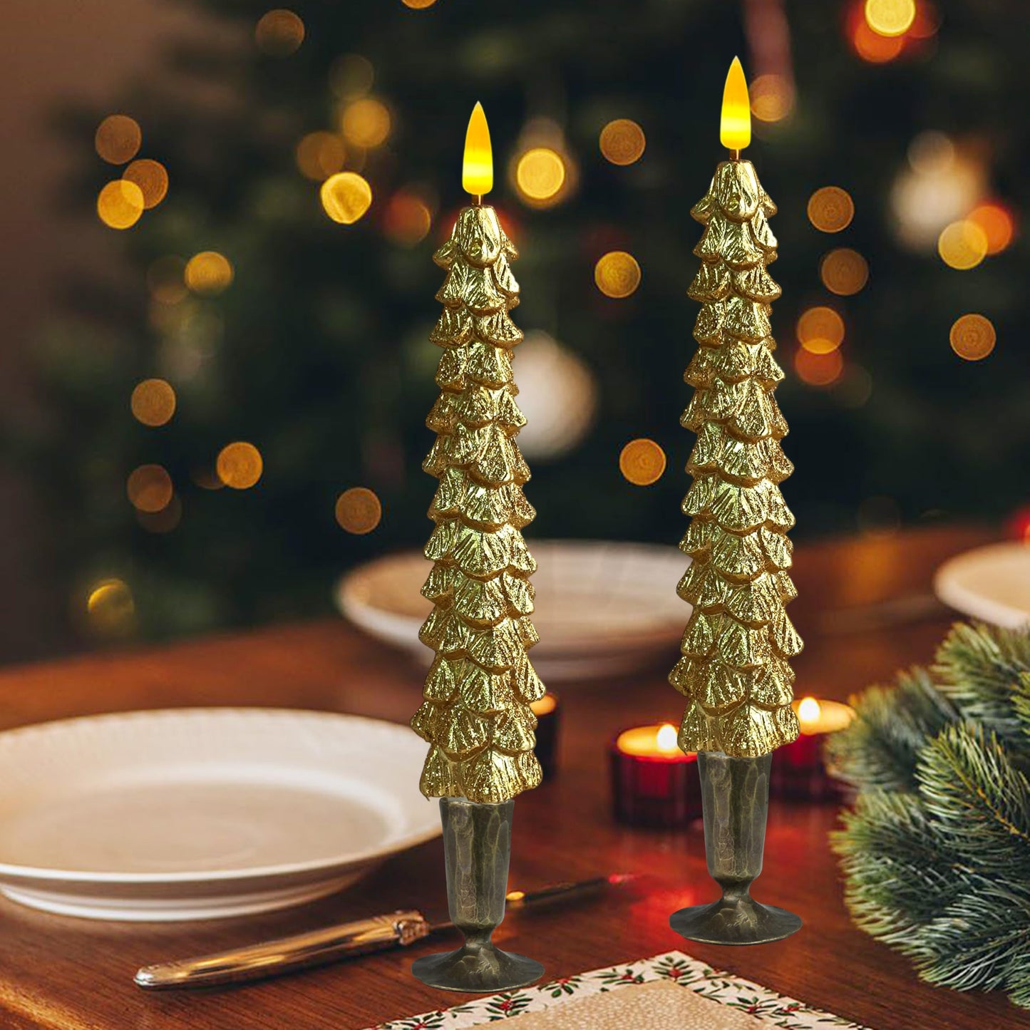 XINAOBAOLUO 10 in Gold Christmas Tree Flameless Candle Window Candles with Remote Timer Battery Operated Taper Candle LED Taper Candles Set of 2
