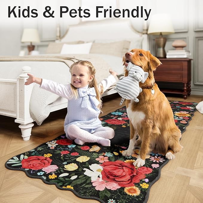 Kitchen Rug Runners for Hallways: 2'6''x10' Washable Runner Rugs for Kitchen Ultra Thin Stain Resistant Non Slip Low Pile Lightweight Vintage Floral Carpet for Farmhouse Decor (Black)