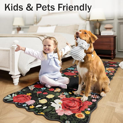 Washable Entryway Small Area Rugs: Door Mat Indoor Entrance 3x5 Floral Rug Ultra Thin Stain Resistant Non Slip Low Pile Lightweight Carpet for Kitchen, Front Door, Kids Room Decor (Black)