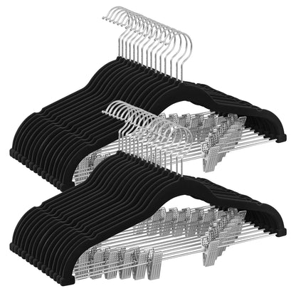 SONGMICS 30-Pack Pants Hangers, 16.7-Inch Long Velvet Hanger with Adjustable Clips, Heavy-Duty, Non-Slip Skirt Hangers, Space-Saving for Pants, Skirts, Coats, Dresses, Black UCRF12B30