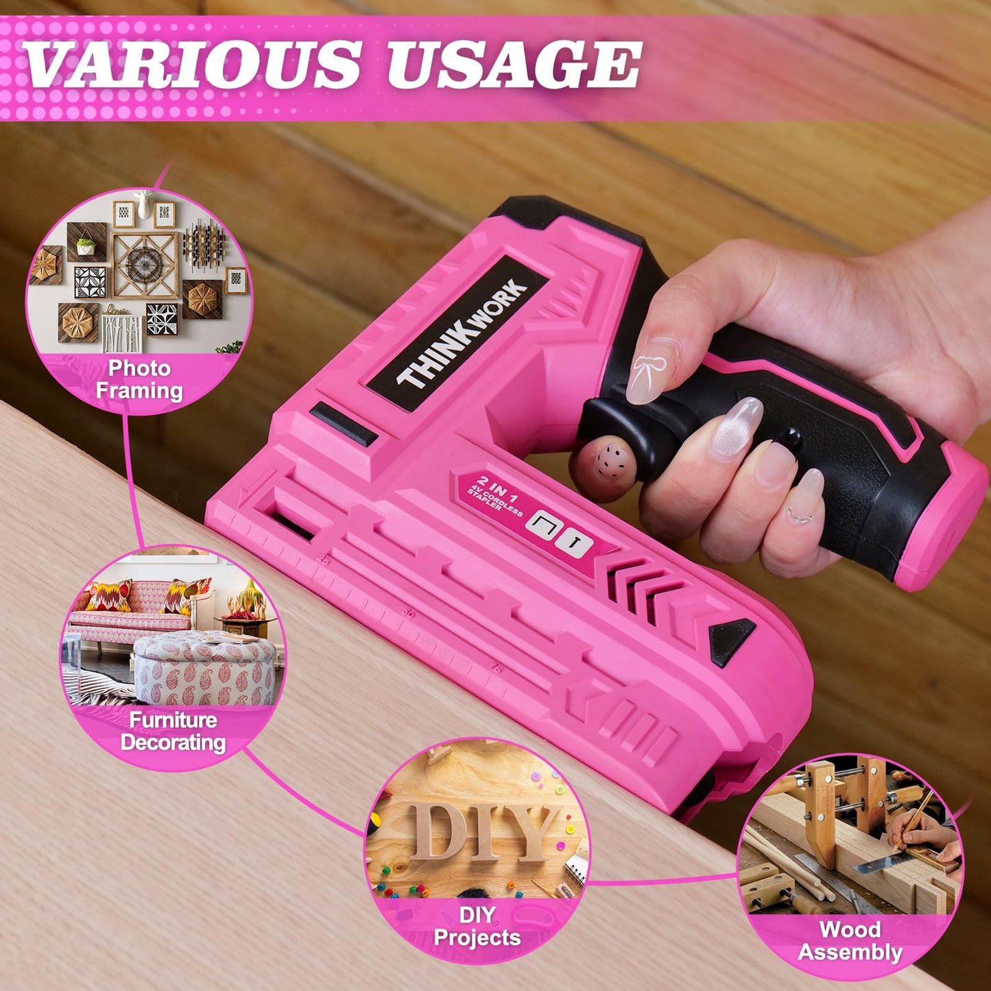 THINKWORK Pink Electric Staple Gun - 2 in 1 Nail Gun Battery Powered with 1000Pcs Staples and Nails, 4V Cordless Upholstery Staple Gun for Wood, Brad Nailer with USB Charger for Carpentry, Crafts, DIY