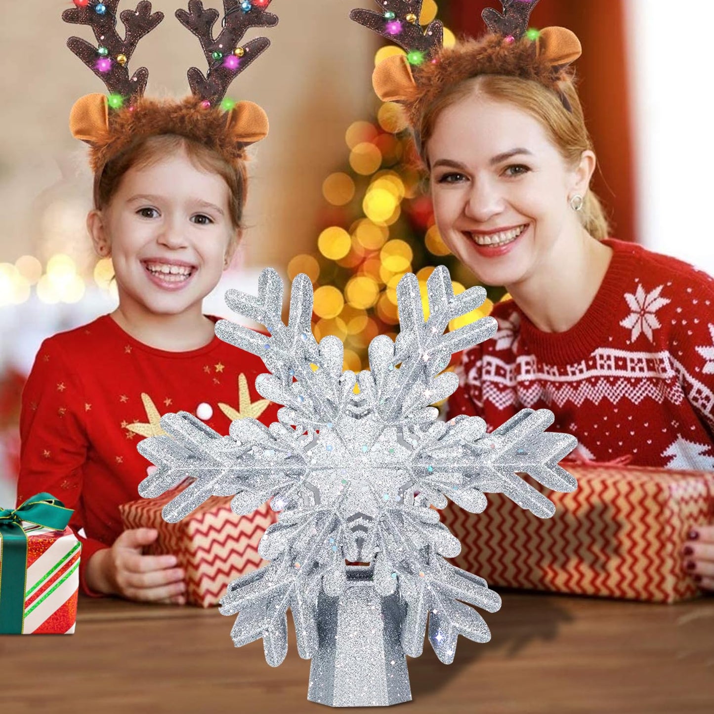 AOMIL Christmas Tree Topper, 3D Rotating Silver Snowflake Pattern Projector for Xmas Tree Topper, Hollow Design Christmas Decorations, Christmas Decor
