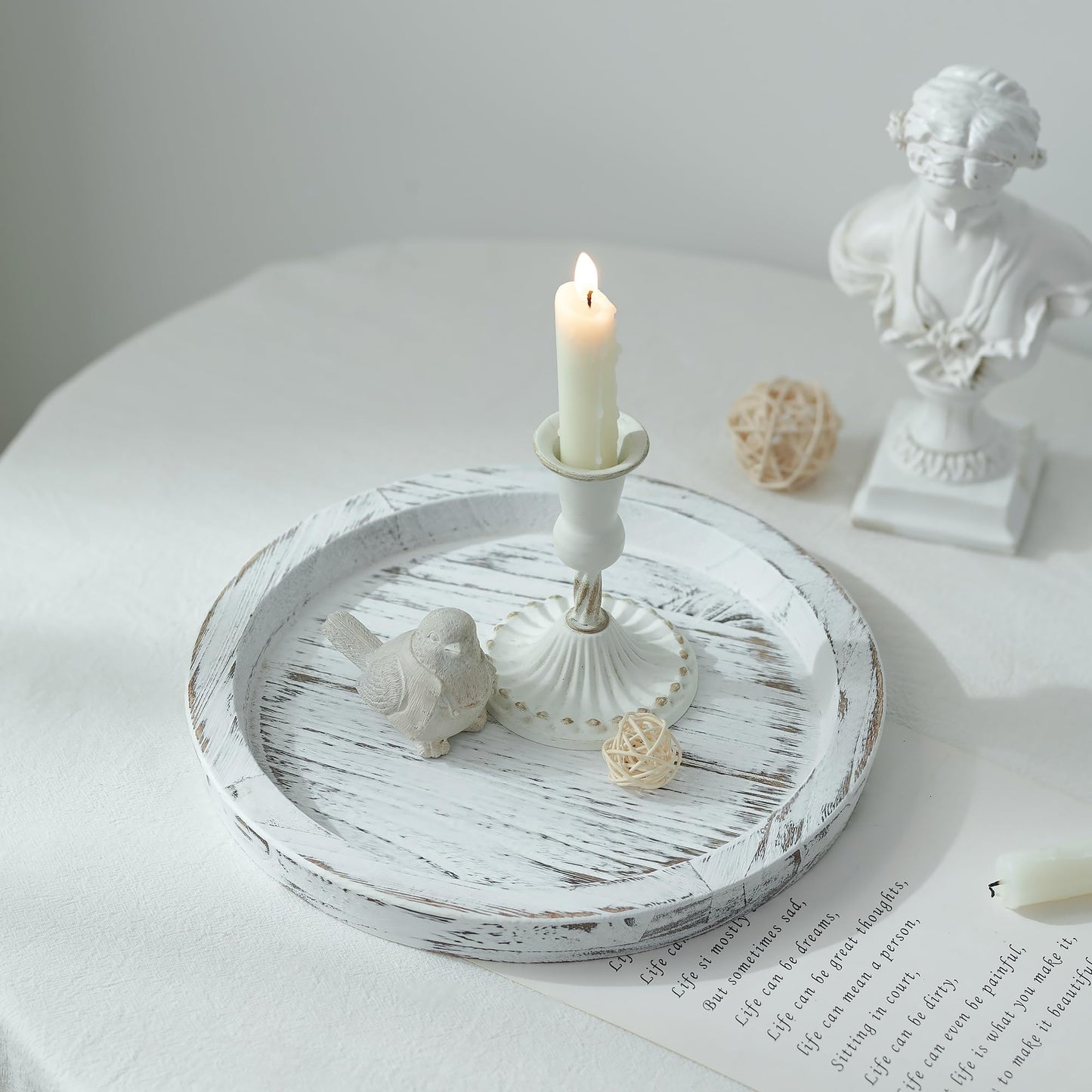 Hanobe Candle Plate Holder Tray: Round Wood Decorative Candle Plate - Rustic Farmhouse CoffeeTable Decor - Tealight Pillar Trays for Home Decor (White Rustic)