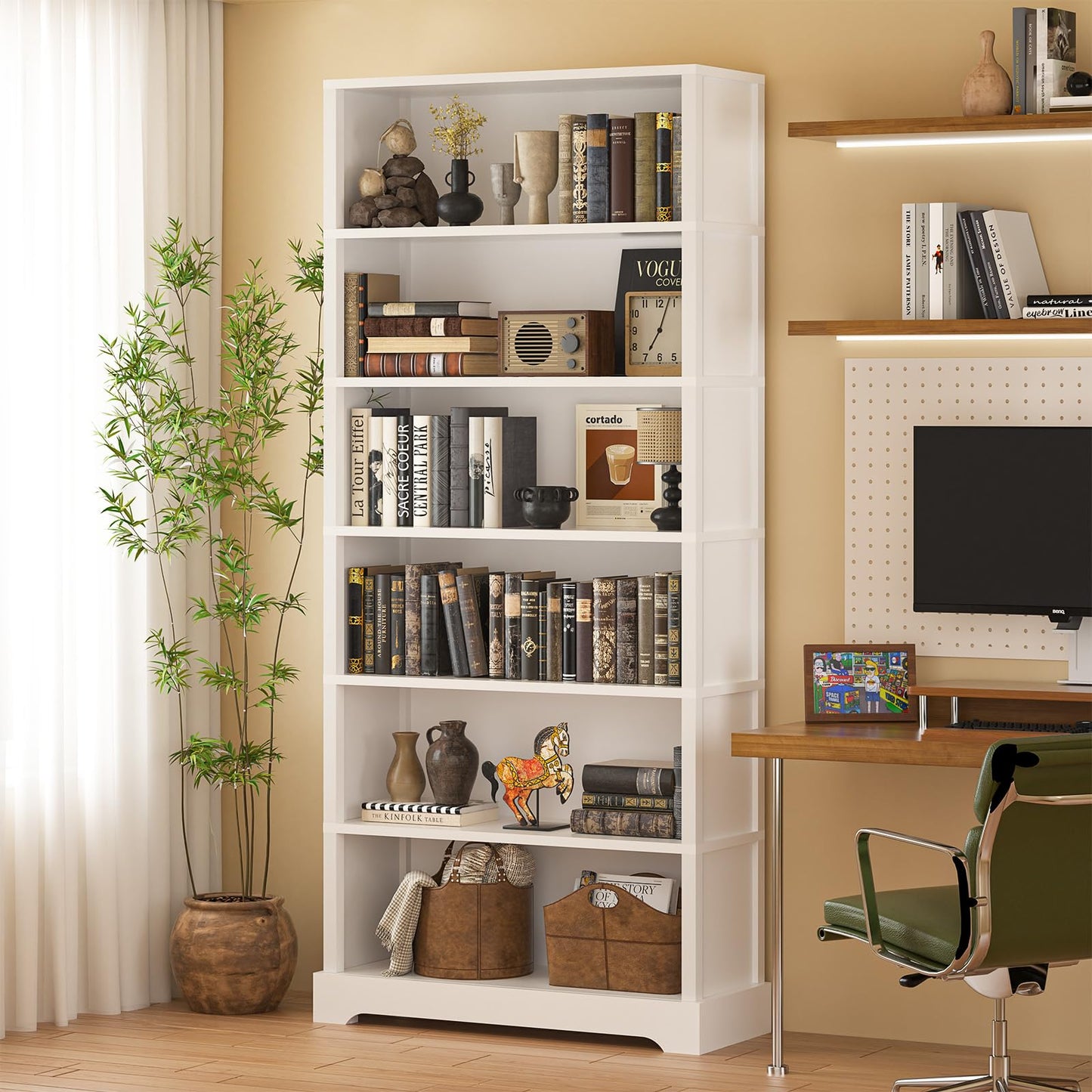 TVU 6-Tier Wooden Bookshelf, 77.2" Tall Farmhouse Style Open Bookcase, 31.5" W Standing Bookshelf with Storage, Suitable for Study, Living Room, Office, White