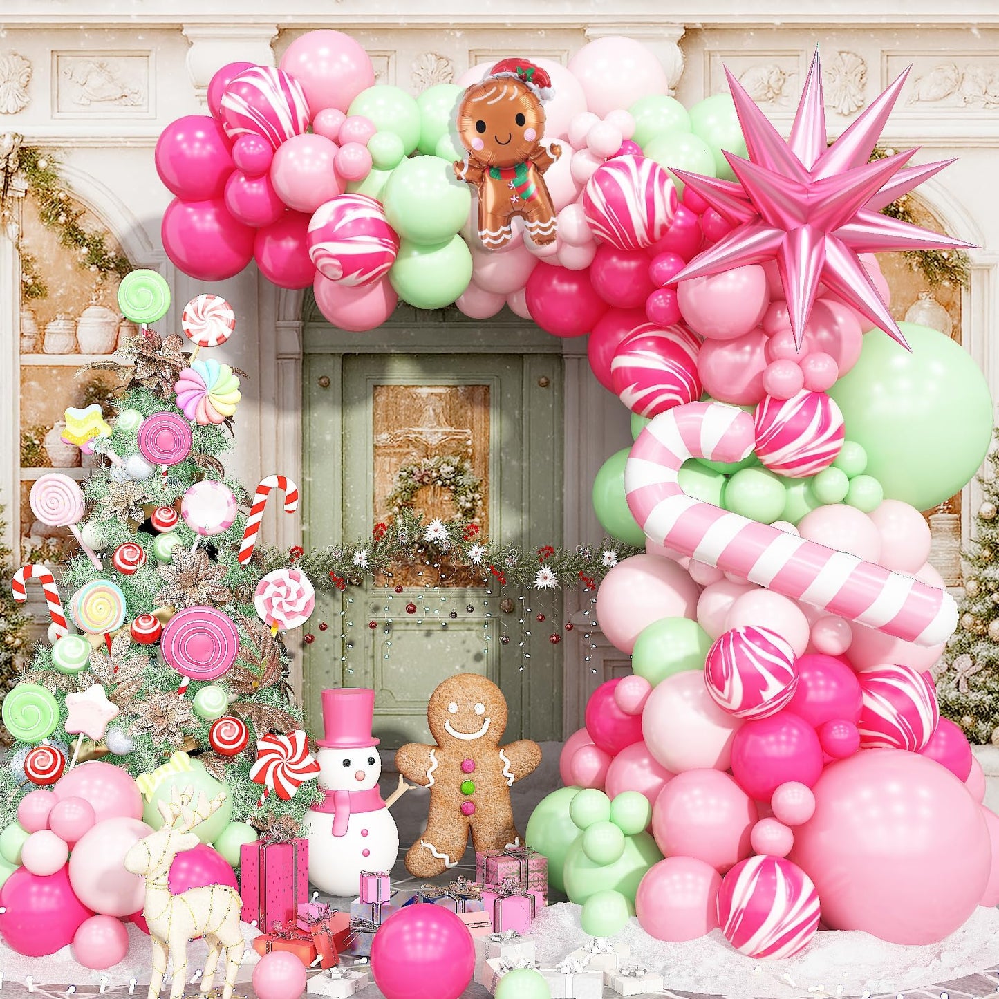 Christmas Balloon Arch Pink Green Balloons Garland Candy Cane Crutch Foil Balloons Explosion Star Xmas Pastel Agate Hot Pink Latex Helium Balloon Gingerbread Man New Year Birthday Party Decorations