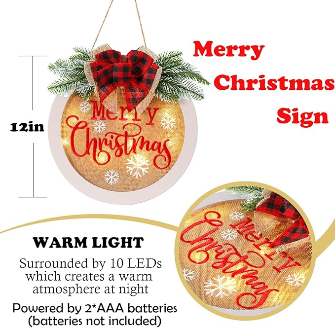 HOMCDALY Merry Christmas Welcome Sign for Front Door, Winter Merry Christmas Wreath with Light, Farmhouse Door Decoration Wooden Hanging Sign, Christmas Decoration (F-Xmas-White)