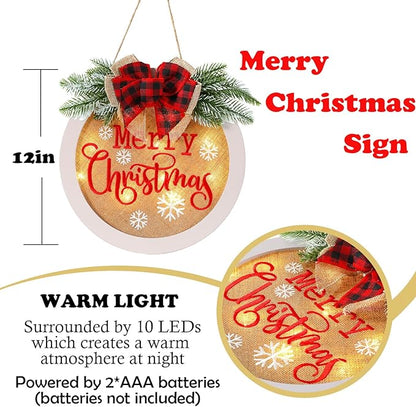 HOMCDALY Merry Christmas Welcome Sign for Front Door, Winter Merry Christmas Wreath with Light, Farmhouse Door Decoration Wooden Hanging Sign, Christmas Decoration (F-Xmas-White)
