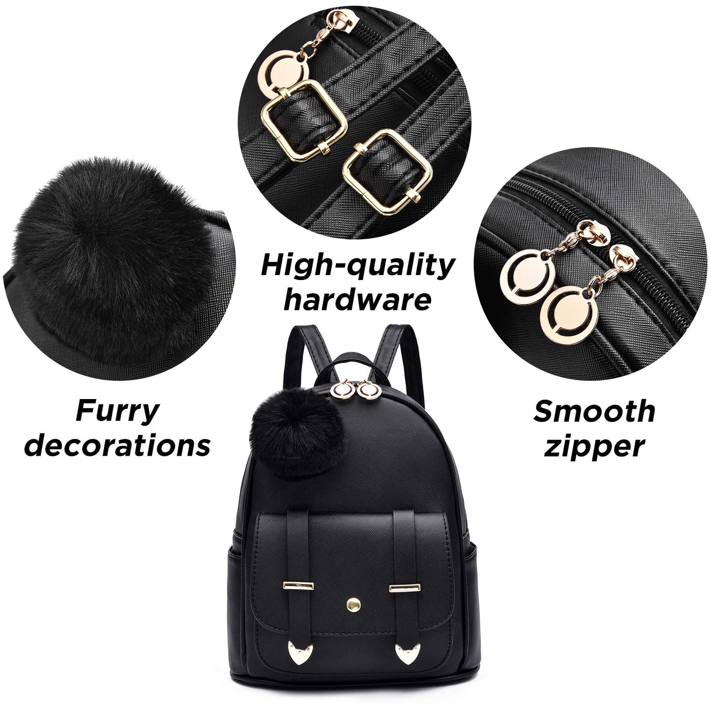 I IHAYNER Girls Fashion Mini Backpack Purse for Women & Teenage Girls - PU Leather Pompom Backpack Shoulder Bag - Black