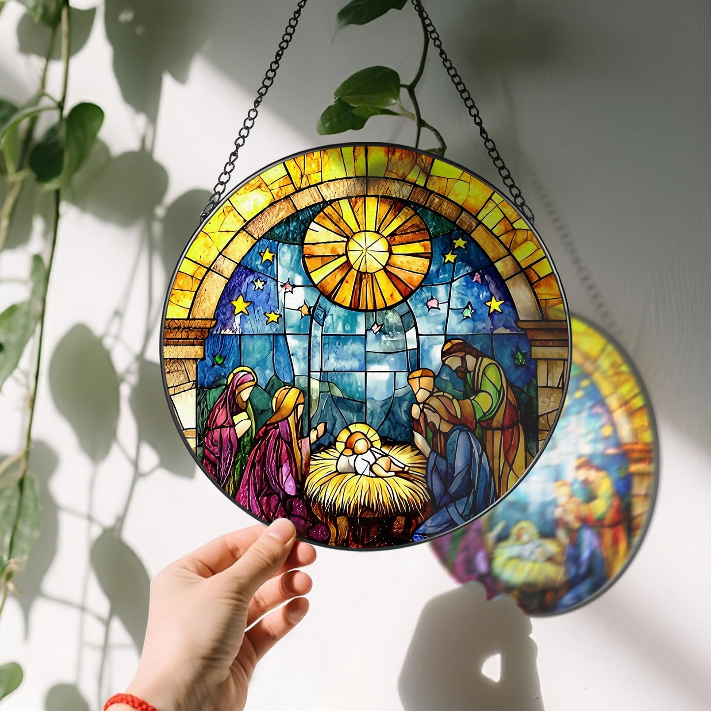 LAOWEIKI 8'' Stained Glass Window Hanging, Nativity Scene Ornament, Christian Christmas Ornament, Holy Family Decoration, Religious Decor, Gift for Christmas, Religious Gifts, Christian Gifts