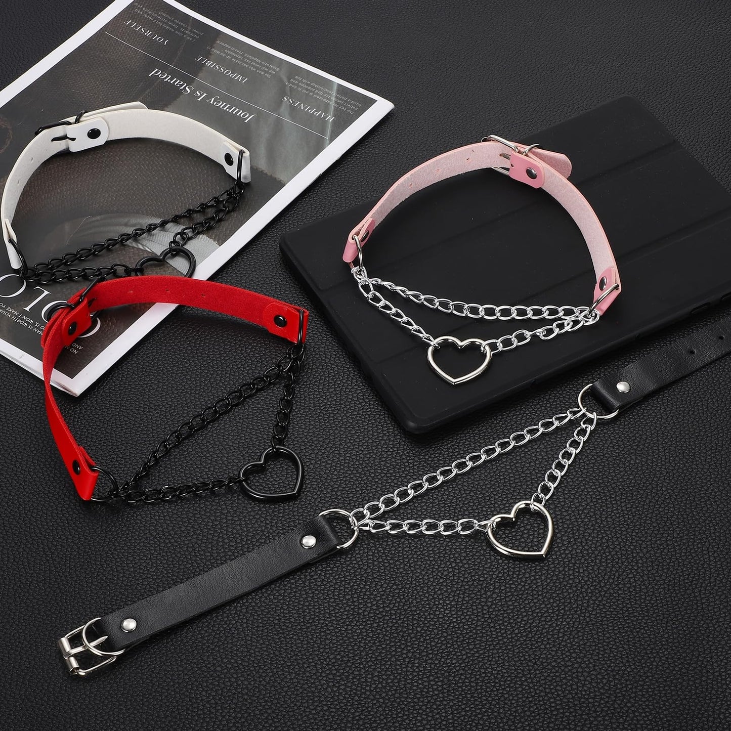 MECCANIXITY PU Leather Chokers, Love Heart Chokers Collar Necklace Gothic Punk Grunge Emo Necklace Gothic Jewelry Accessories Adjustable PU Collar for Women, Black/Silver Black, 2Pcs