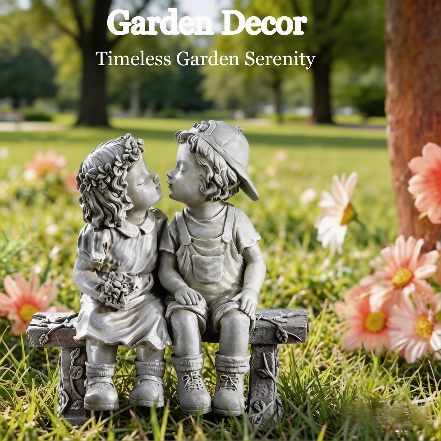 Ahbuohe Garden First Kiss Outdoor Statue Decorative, Flower Bed Decor Puppy Love Kissing Couple,Boy and Girl Kissing Garden Figurine for Yard Patio Art
