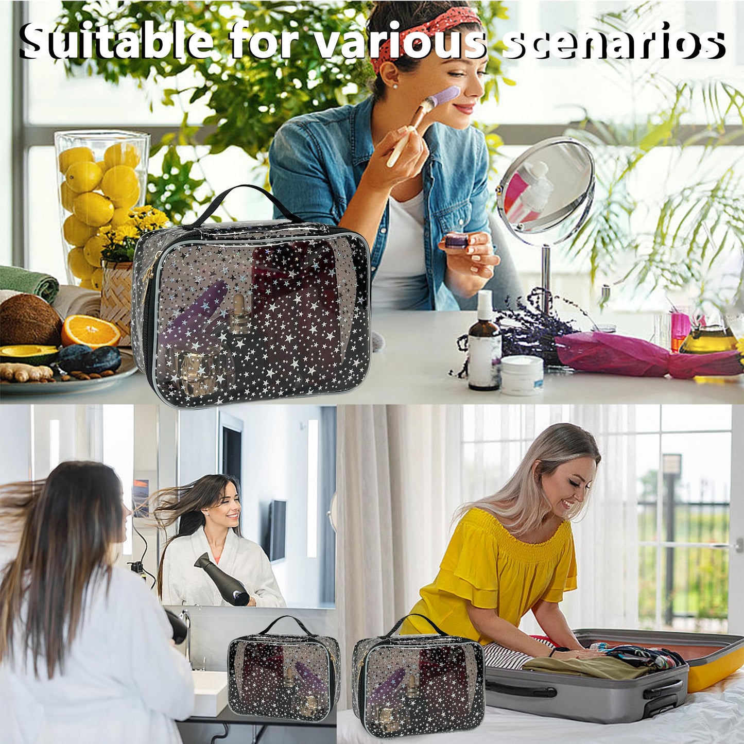 TotePrint Star Pattern PVC Waterproof Makeup Bag - 9.84×7.09×3.94inch Cosmetic Organizer with Handles for Women & Men, Travel Toiletry Bag (Black)