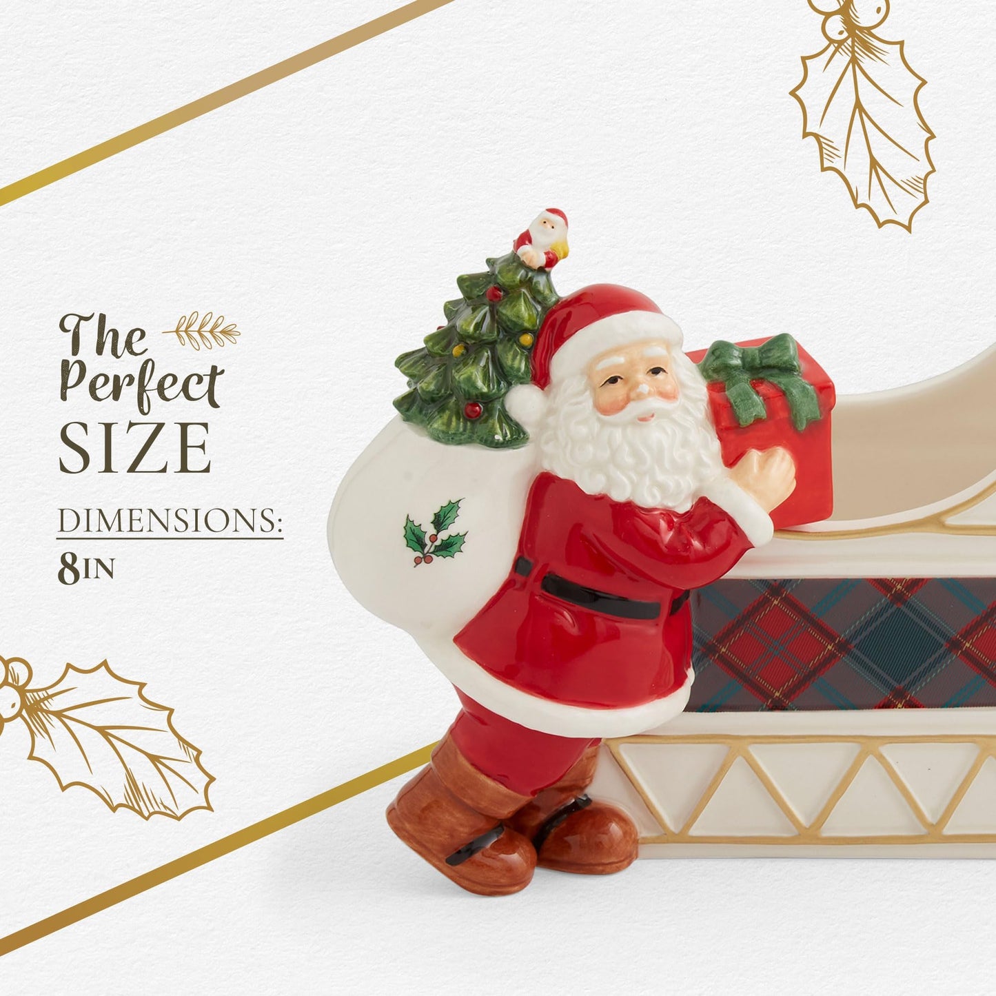 Spode Christmas Tree Santa Sleigh Candy Jar - 8-Inch Christmas Candy Storage Container - Fine Dolomite Figural Santa Sleigh Snack Jar for Holiday Decor, Dessert Tables, Gift Displays
