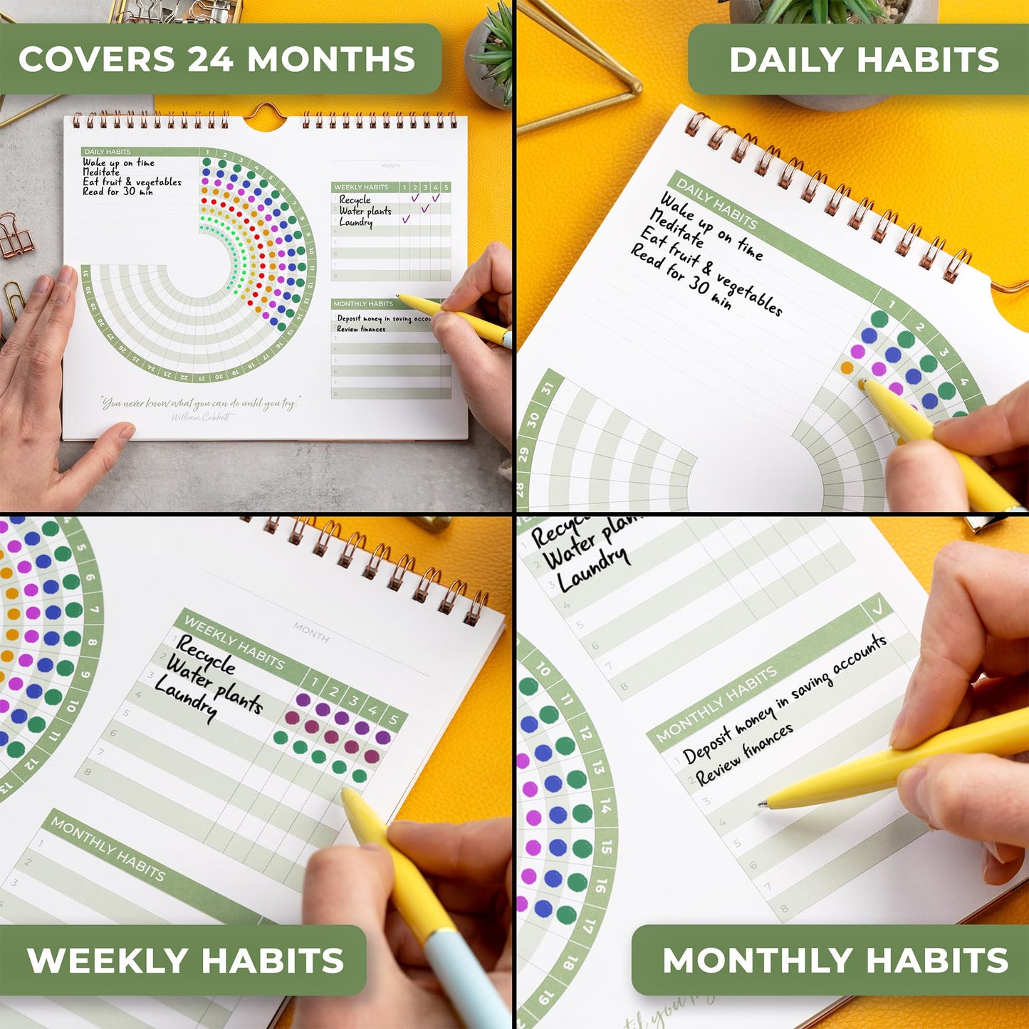 Clever Fox Habit Calendar Circle – 24-Month Inspirational Daily Habit Tracker with Colorful Pages – Routine & Goal Planner Journal (Dark Green & Red)