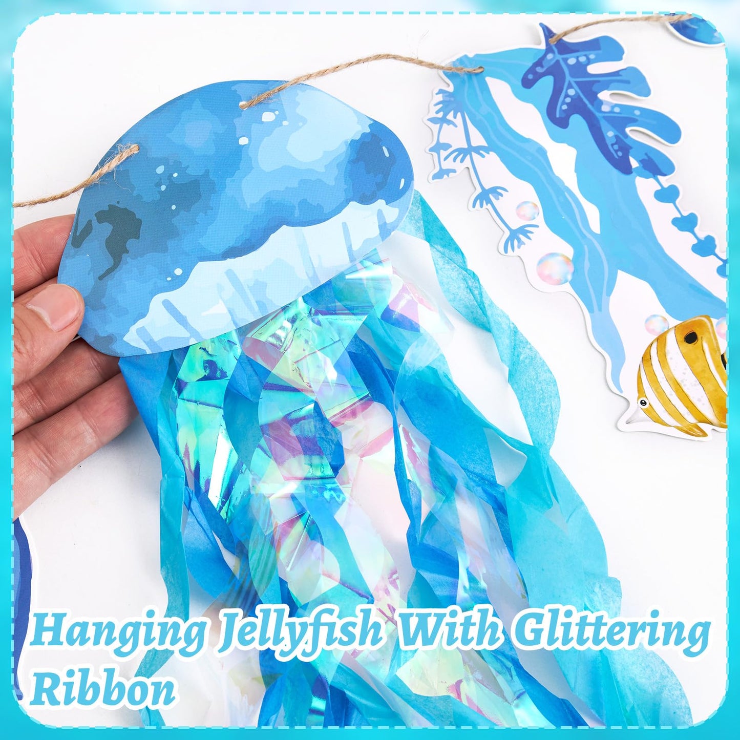 SUNBEAUTY Starfish Seashell Banner Under The Sea Party Decoration Jellyfish Hanging Garland 9.8ft Blue Bubble Garlands for Ocean Beach Theme Birthday Decor Mermaid Summer Party Decor