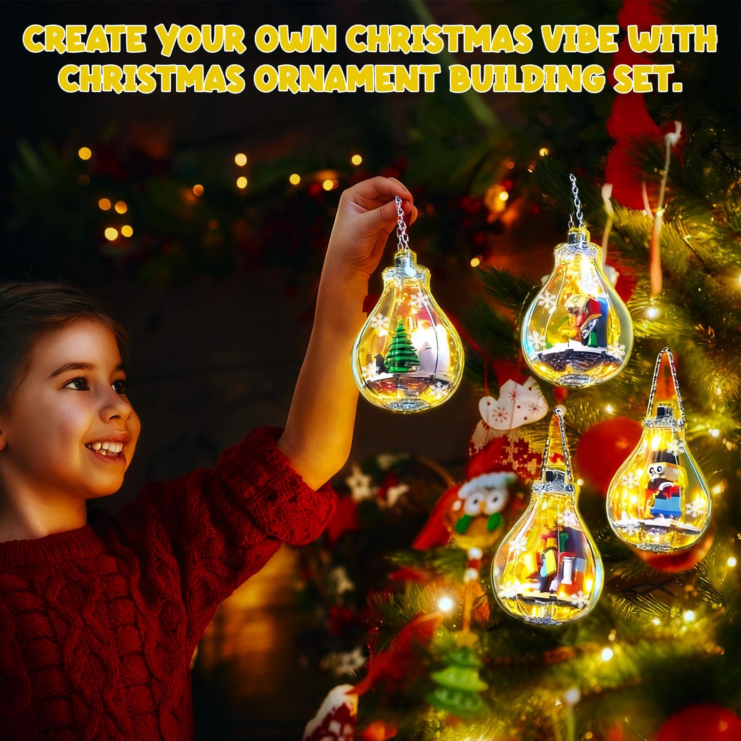 6 Pack Christmas Tree Bulb Ornament with Light Building Set, Including Gingerbread House, Penguin House, Christmas House, Fireplace, Nutcracker, Reindeer, Stocking Stuffer Toy Gifts for Kids.(405PCS)