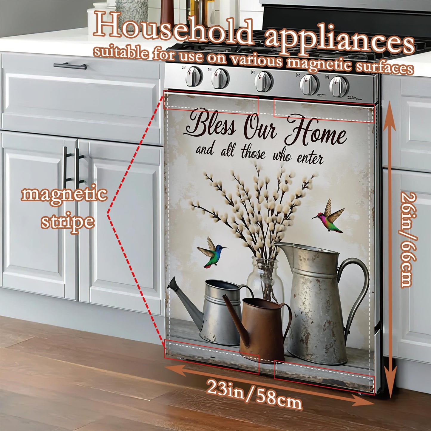 Bless Our Home Dishwasher Cover Panel Magnetic,Farmhouse Rustic Floral Dishwasher Magnet Decorative Cover for Refrigerator Kitchen Home Decor Reusable Waterproof 23x26 Inch