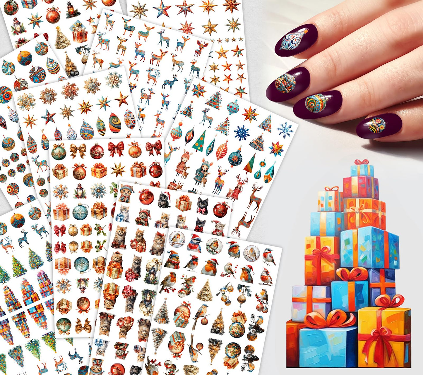 Nail Decals [10 Sheets] Christmas Holiday Nail Stickers Set Festive Ornaments Gifts Stars Reindeer Snowflakes Trees Birds Cozy Seasonal Illustrations Rich Colorful Variety for Joyful Manicure Design