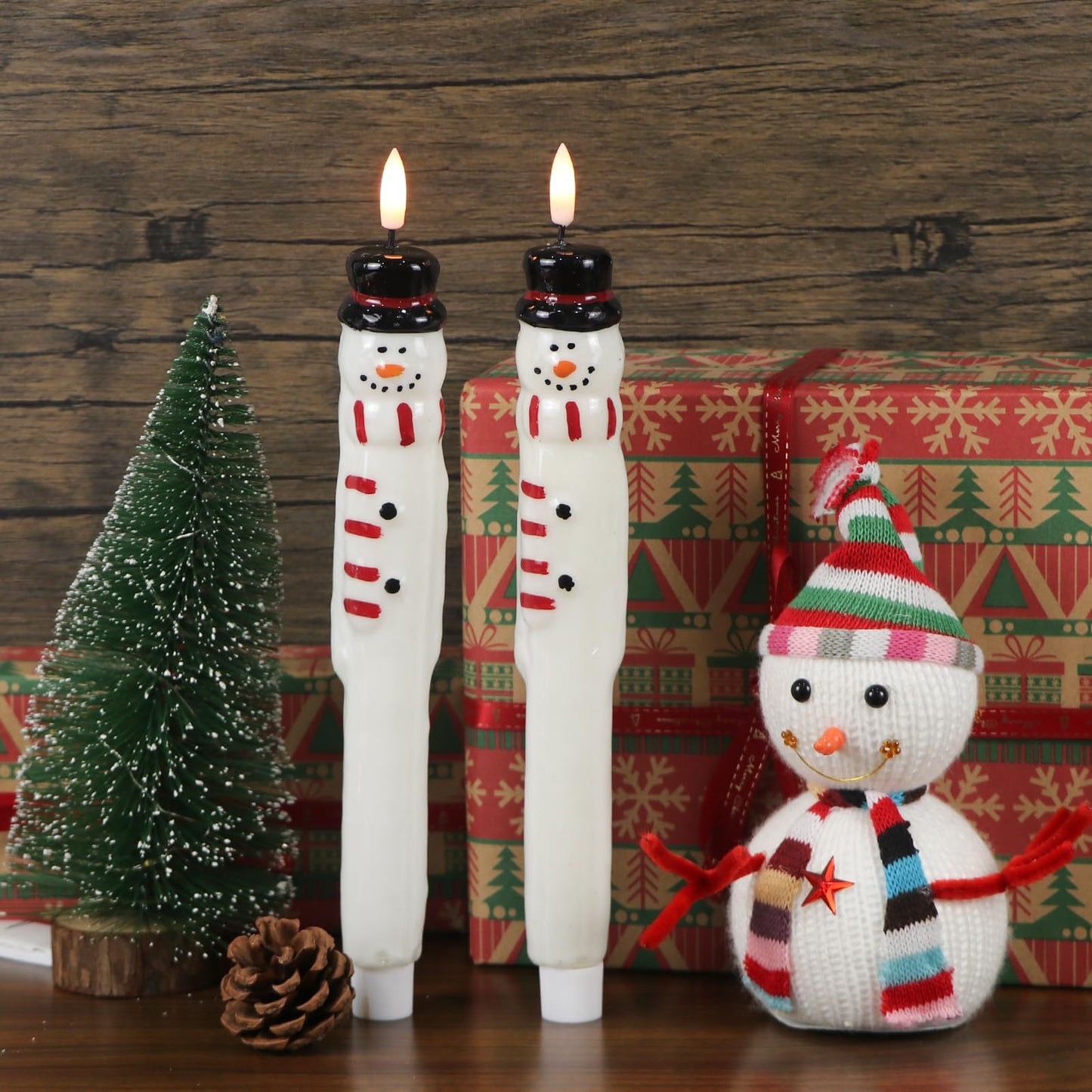 Lasumora Christmas Flameless Taper Candles with Remote Timer, 2 Pcs Hand-Painted Snowman Sculpture Shape LED Candlesticks with 3D Flickering Flame for Home Décor Christmas Gifts