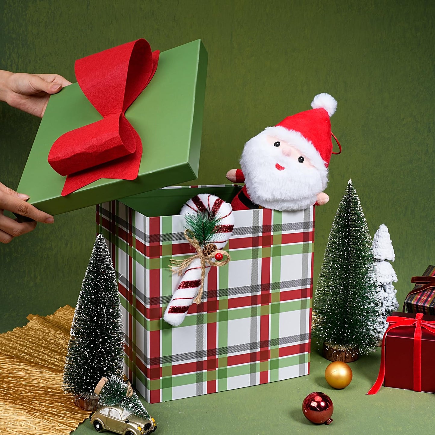 LaRibbons Large Christmas Gift Boxes with Lids,10x10x10 Inches Plaid Design Folding Square Gift Boxes for Christmas Decorative,Xmas,Present,Storage,Red and Green