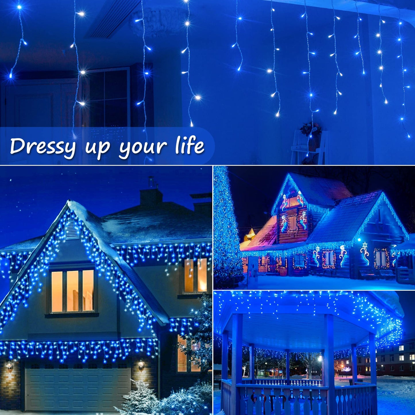 oopswow Icicle Lights Outdoor Decorations 300 LED 33ft 8 Modes Curtain Fairy String Light with 50 Drops, LED String Light Indoor for Wedding Party Holiday Christmas Decorations,Blue+White