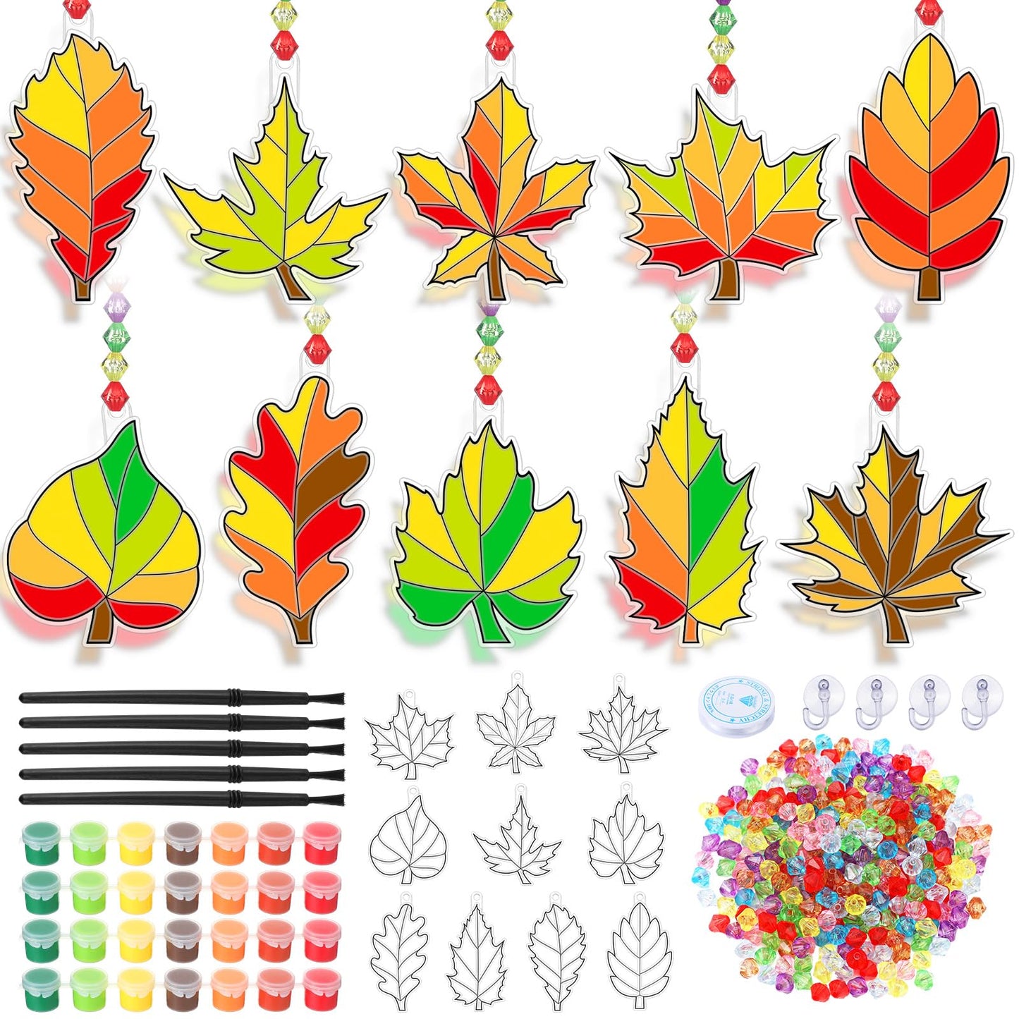 Beeveer 30 Sets Fall Leaf Suncatchers Art Kits DIY Autumn Maple Leaf Suncatcher Crafts Paint Your Own Window Ornaments for Adults Thanksgiving Harvest Activity Party Favor