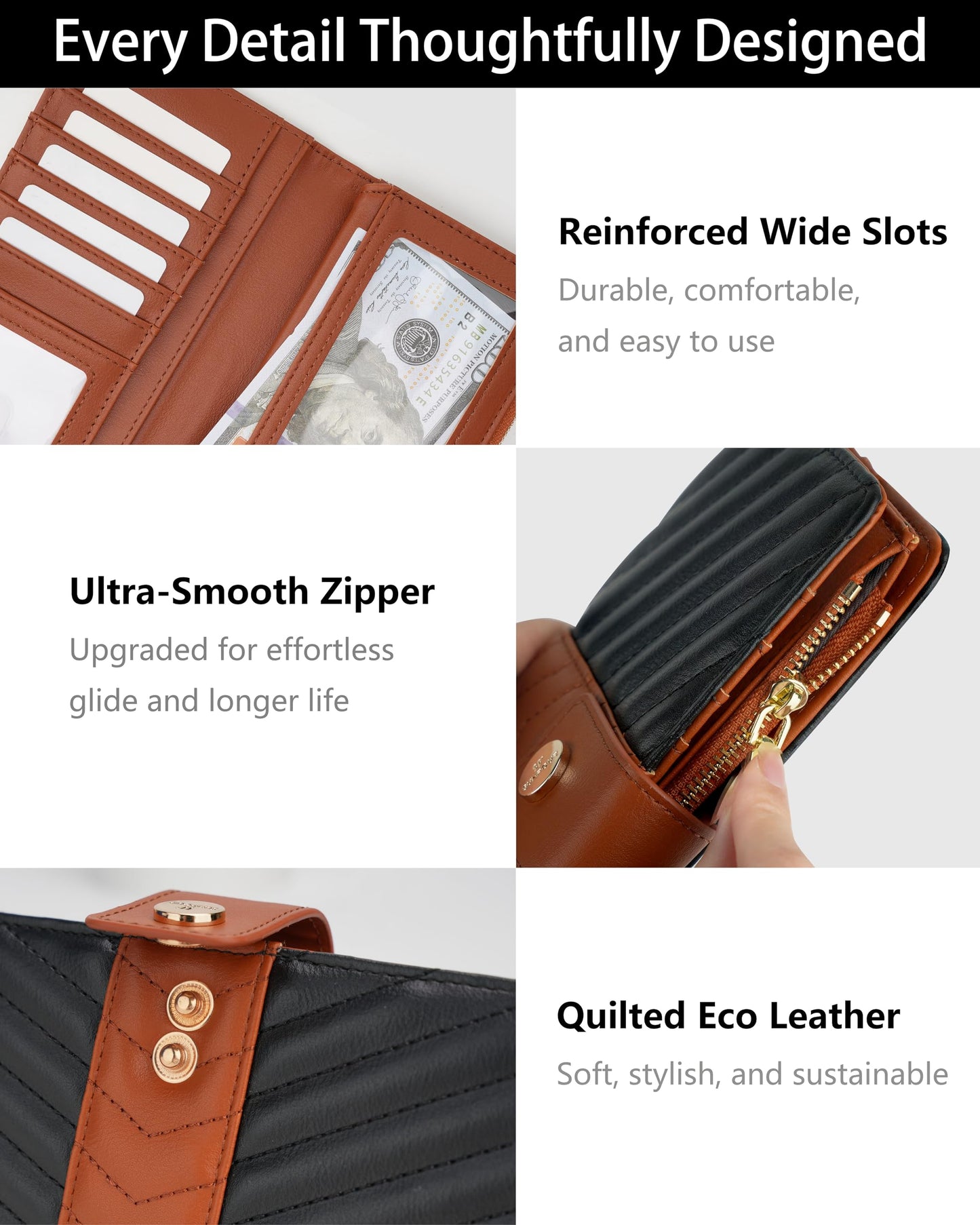 Sunpour Wallets for Women RFID Blocking Trifold Wallet, Large Capacity Leather Ladies Wallet with Credit Card Holder and Zipper Pocket