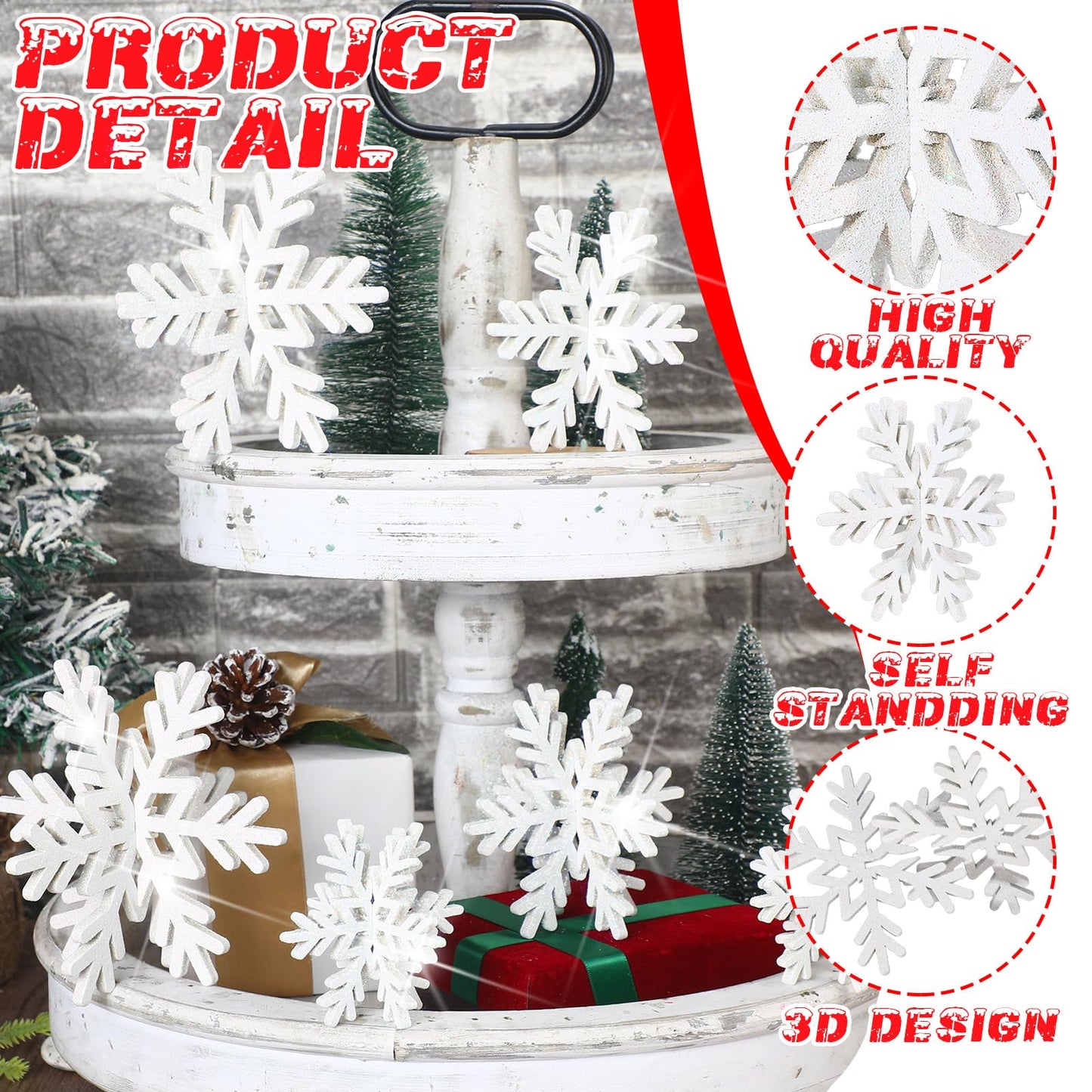 Bucherry 12 Pcs Glitter Snowflake Decorations 3D Winter Wooden Snowflake Tabletop Decor Sparkle Christmas Signs and Centerpiece for Xmas Winter Wonderland Decorations(White)