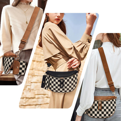 Checkered Crossbody Bag,Nylon Bum Bags for Women Crossbody,Spacious Sling Bag Purse Fanny Packs with Shoulder Strap