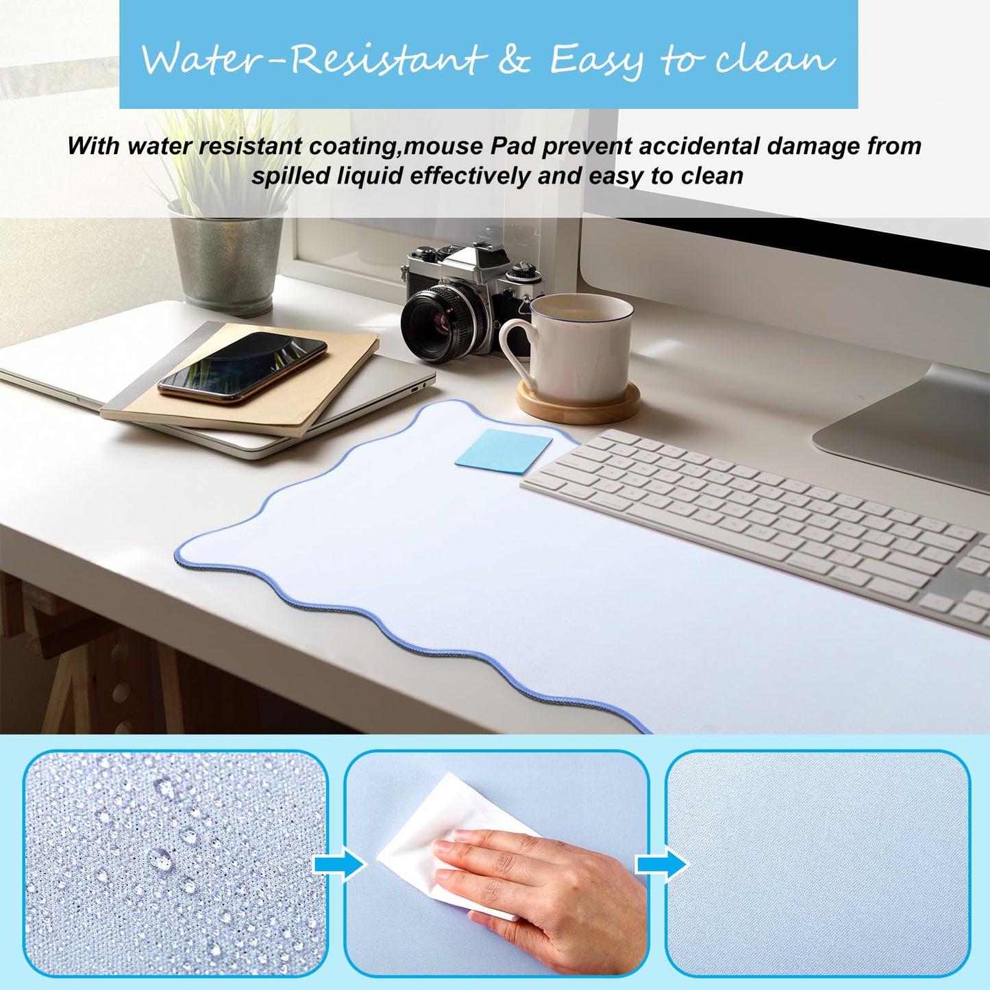Hahafelt Scalloped Desk Mat Large Scalloped Piping Cute Desk Mat Aesthetic Preppy Table Pad Large Nonslip Pad with Edge Stitching Waterproof Gaming(Blue,31.5 x 15.75 Inches)