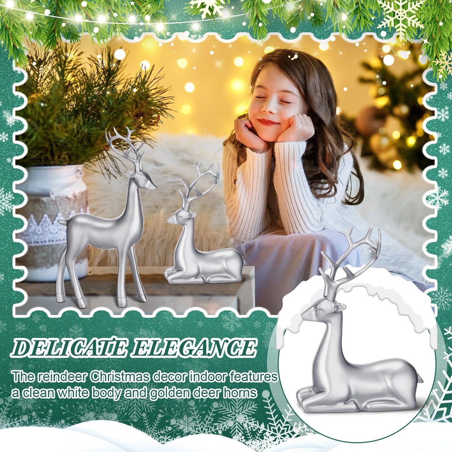 Thyle 4 Pcs Christmas Reindeer Decor Small Resin Standing Sitting Deer Figurine Mini Reindeer Christmas Table Decoration for Home Indoor Xmas Holiday Small Statue Rustic Table Decor(Silver)