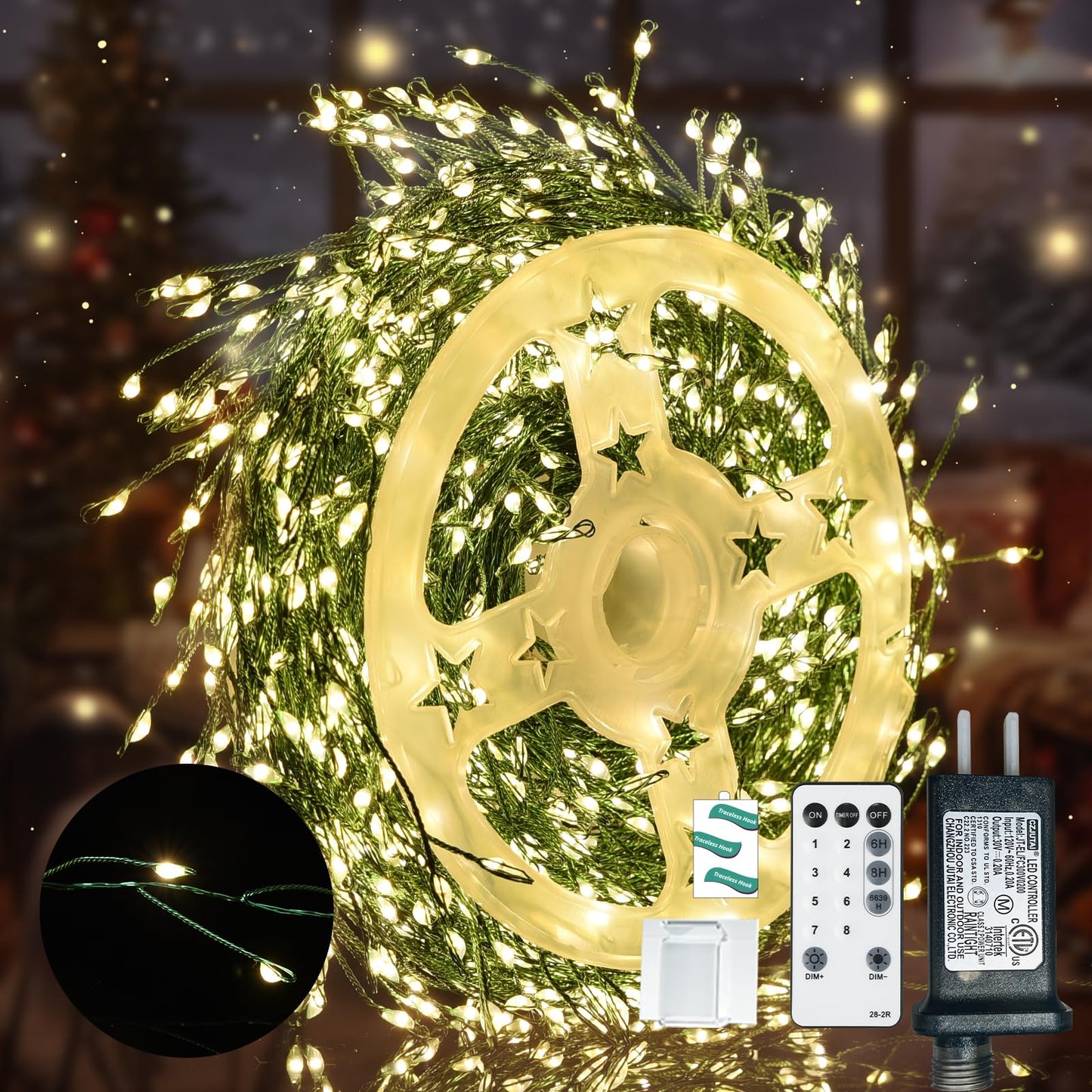 Lycklig Fairy Lights Plug in 65Ft 1000LED Warm Christmas Garland Lights with Timer Remote Waterproof Firecracker Twinkle Cluster String Light for Bedroom Wreath Party Wreath Tree Decor Green Wire