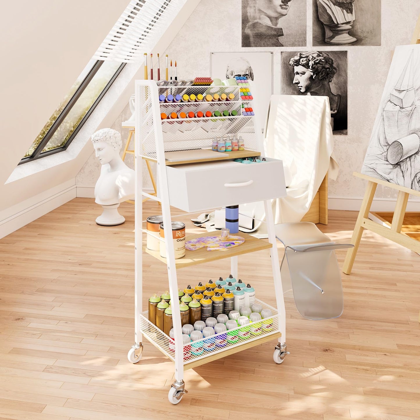 Homsorout 3 Tier Rolling Cart - Metal Utility Cart with Storage Drawer and Wheels, Versatile Art & Craft Organizer for Home, Office, or Studio - Ideal for Storing Brushes, Paints, and Supplies（Maple）