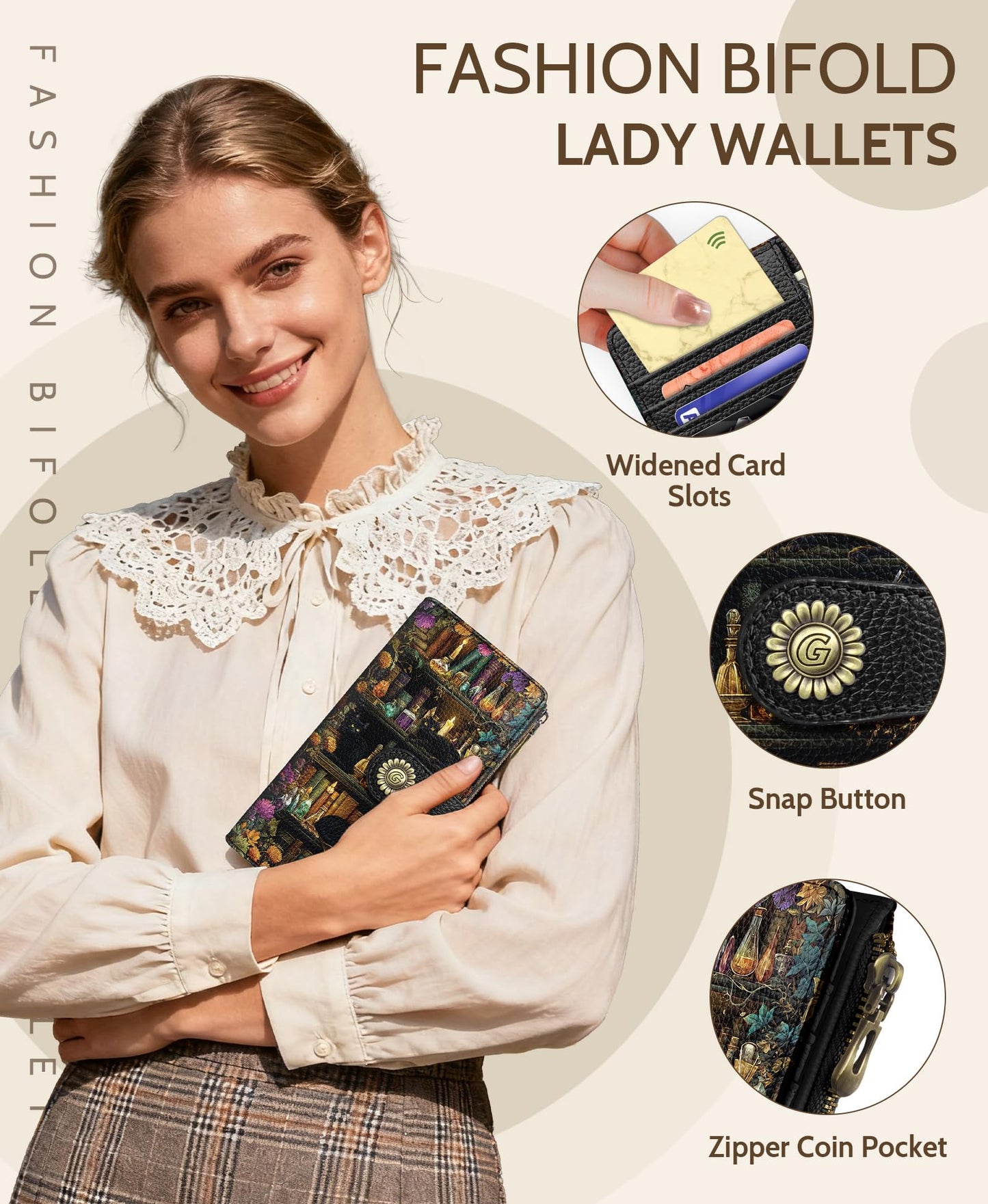 GIANCOMICS Black Cat Book Shelf Womens Wallet RFID Blocking, Witchy Credit Card Holder Bifold, PU Leather Travel Billfold, Long Cute Cash Purse, Zipper Coin Pocket Clutch, Card Slot, Ladies Gift Woman