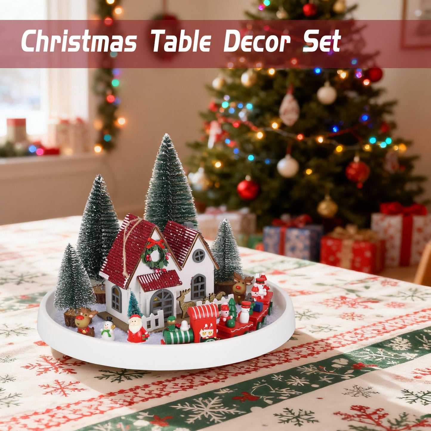 17 Pcs Christmas Centerpieces for Tables - Winter Tray Decor Set - Christmas Winter Table Top Decor Set with Ornaments - Santa Trees Train Snowman Holiday Centerpieces