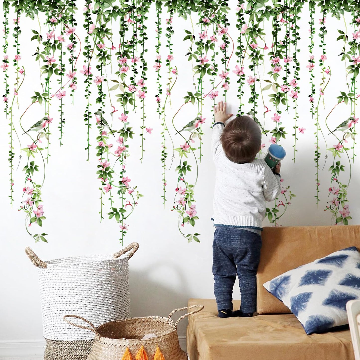 4 Sheets Hanging Vines with Flowers Wall Decals Green Plant Leaves Wall Stickers Pink Cherry Blossom Vine Wall Art Hanging Flower Tree Branches Bird Wall Murals for Kids Bedroom Nursery Decoration 20