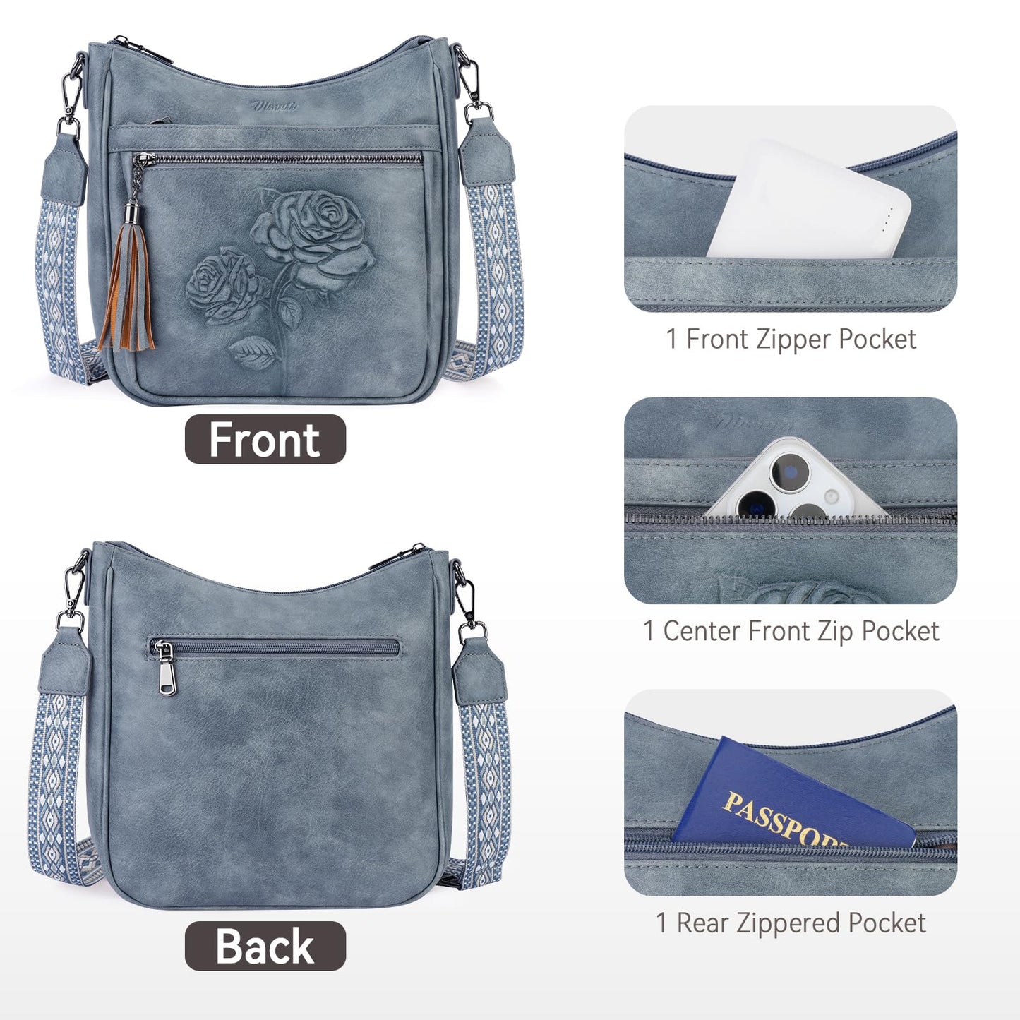 VIMUTI Crossbody Bags for Women Trendy Vegan Leather Hobo Purses for Women Embossed Flower Shoulder Handbags Bucket Bag (01-Blue)