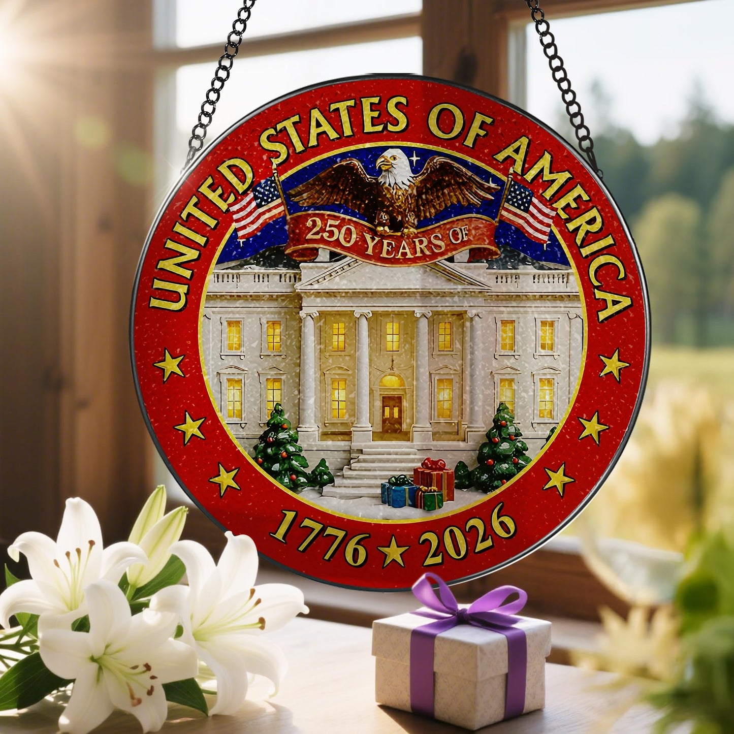 250 Years of America Stained Glass Suncatcher, Stained Glass Window Hanging & Decor, 1776-2026 US 250th Anniversary Ornament, Patriotic Ornament, American Independence Day Gift, July 4 Decor