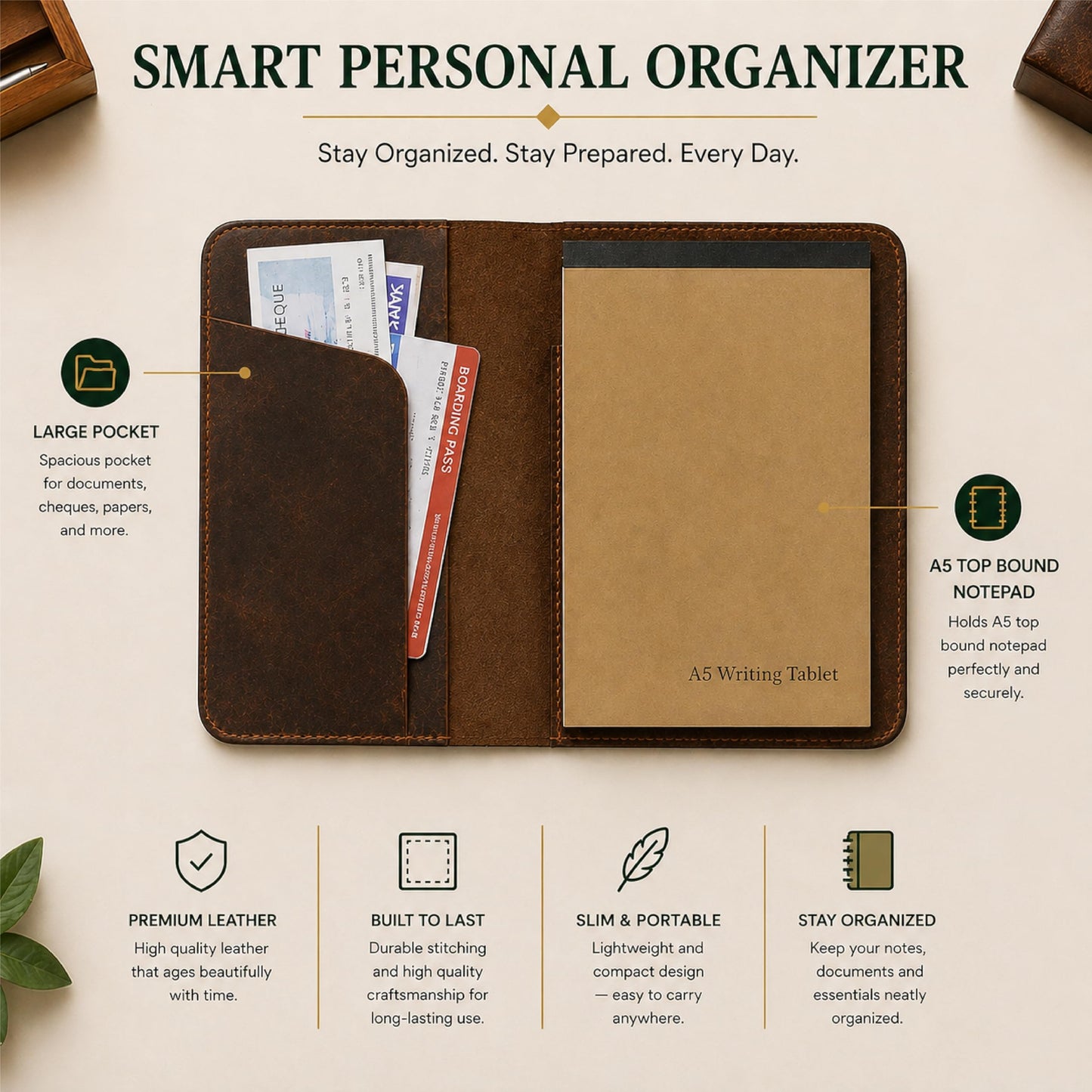 TheAntiq Leather A5 Journal Cover Top Bound – Handmade Vintage Leather Notebook Cover with Pen Holder & Card Slots – Refillable Travel Diary Organizer for Men & Women 5.7 x 8.25 (Brown)