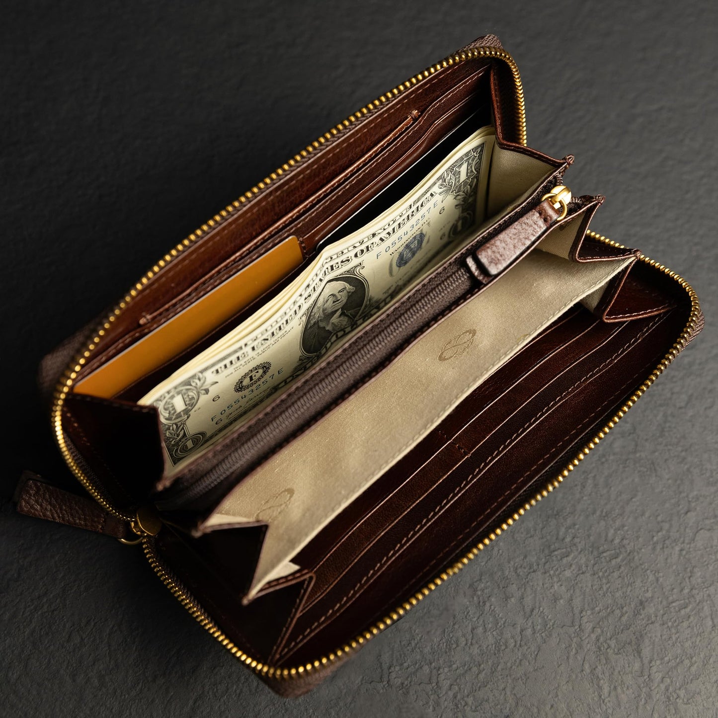 Time Resistance Leather Minimalist Wallet – Handmade Italian Full-Grain Leather Continental Wallet – Slim Cards and Cash Holder (Brown)