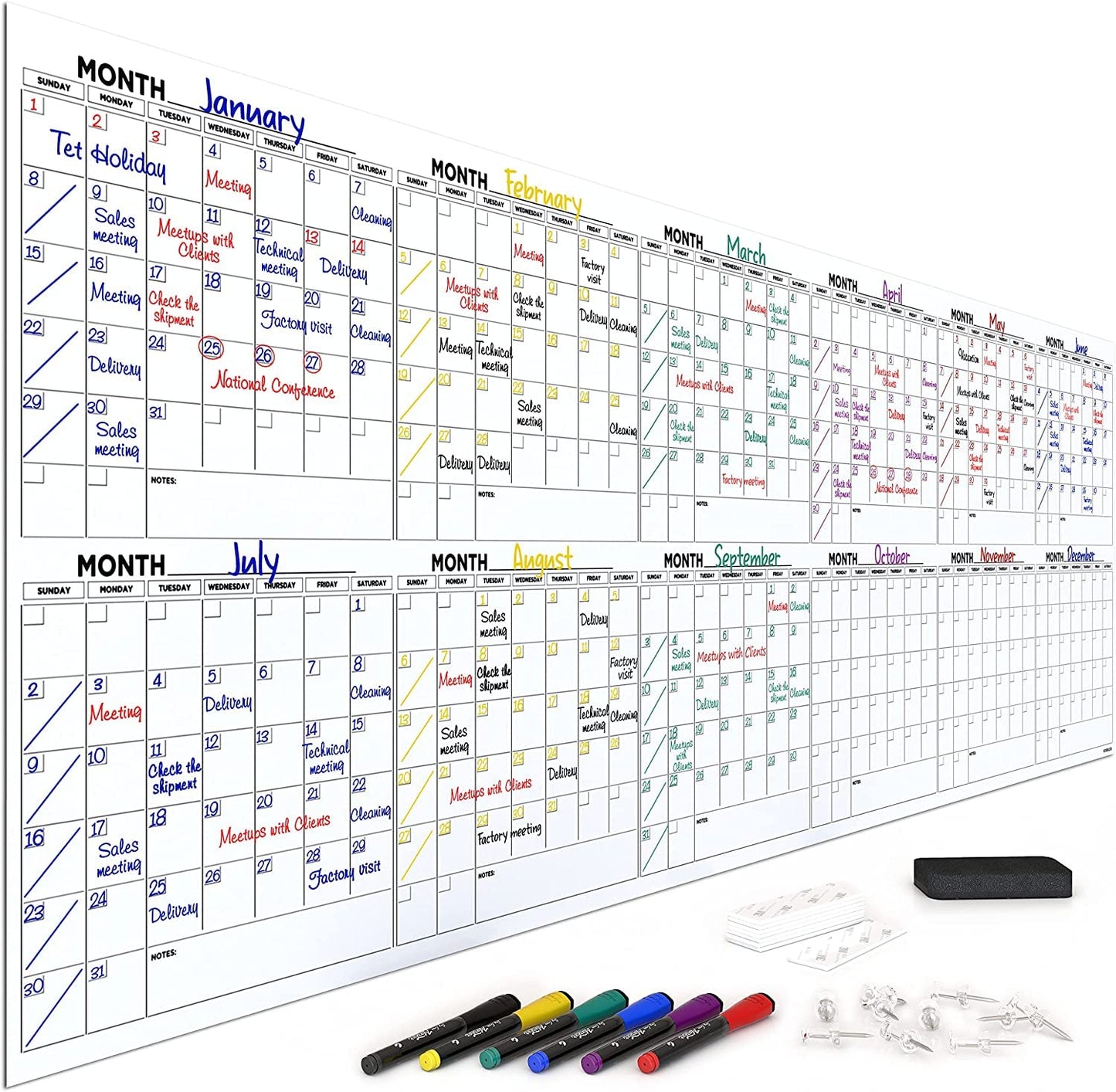 Extra Large 100"x36" Dry Erase Monthly Planner – 12-Month Whiteboard Calendar Includes 6 white Board Markers Eraser Push Pins & Mounting Tape