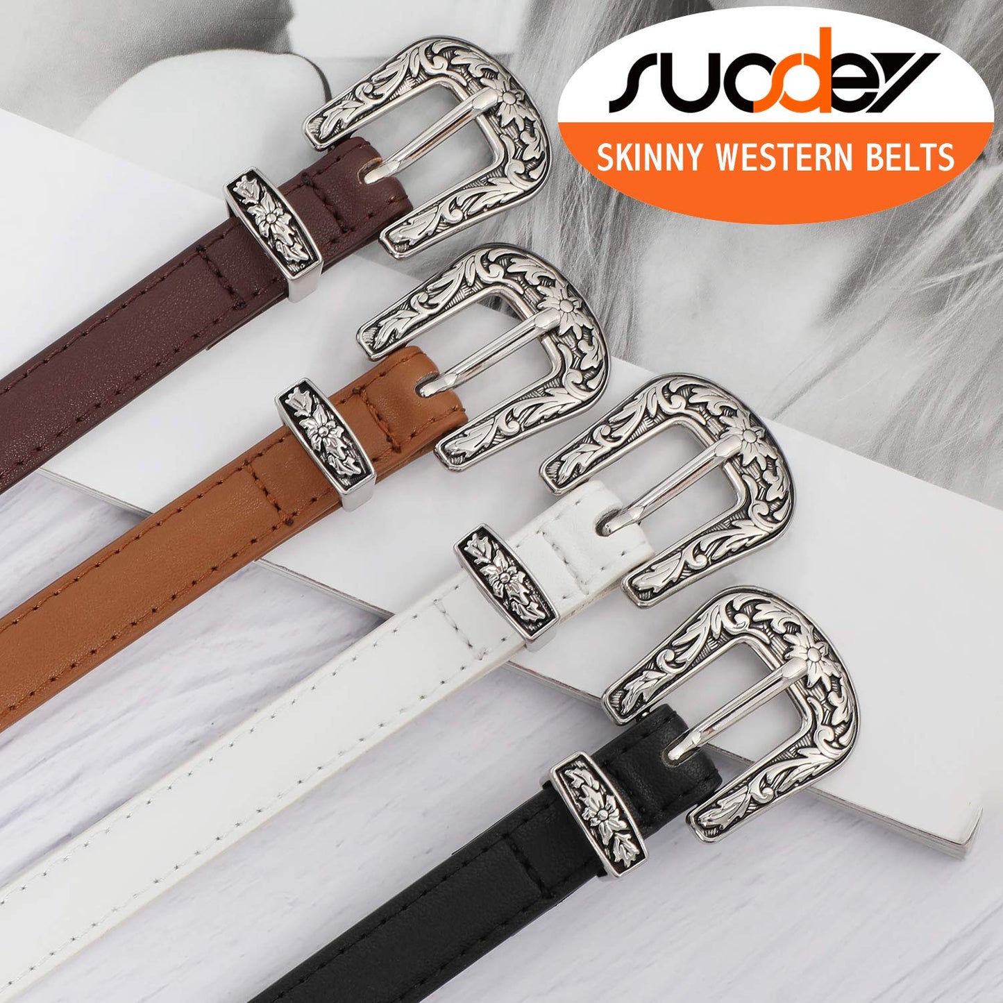 SUOSDEY Western Skinny Leather Belts for Women Adjustable Thin Waist Belt for Dresses with Vintage Buckle