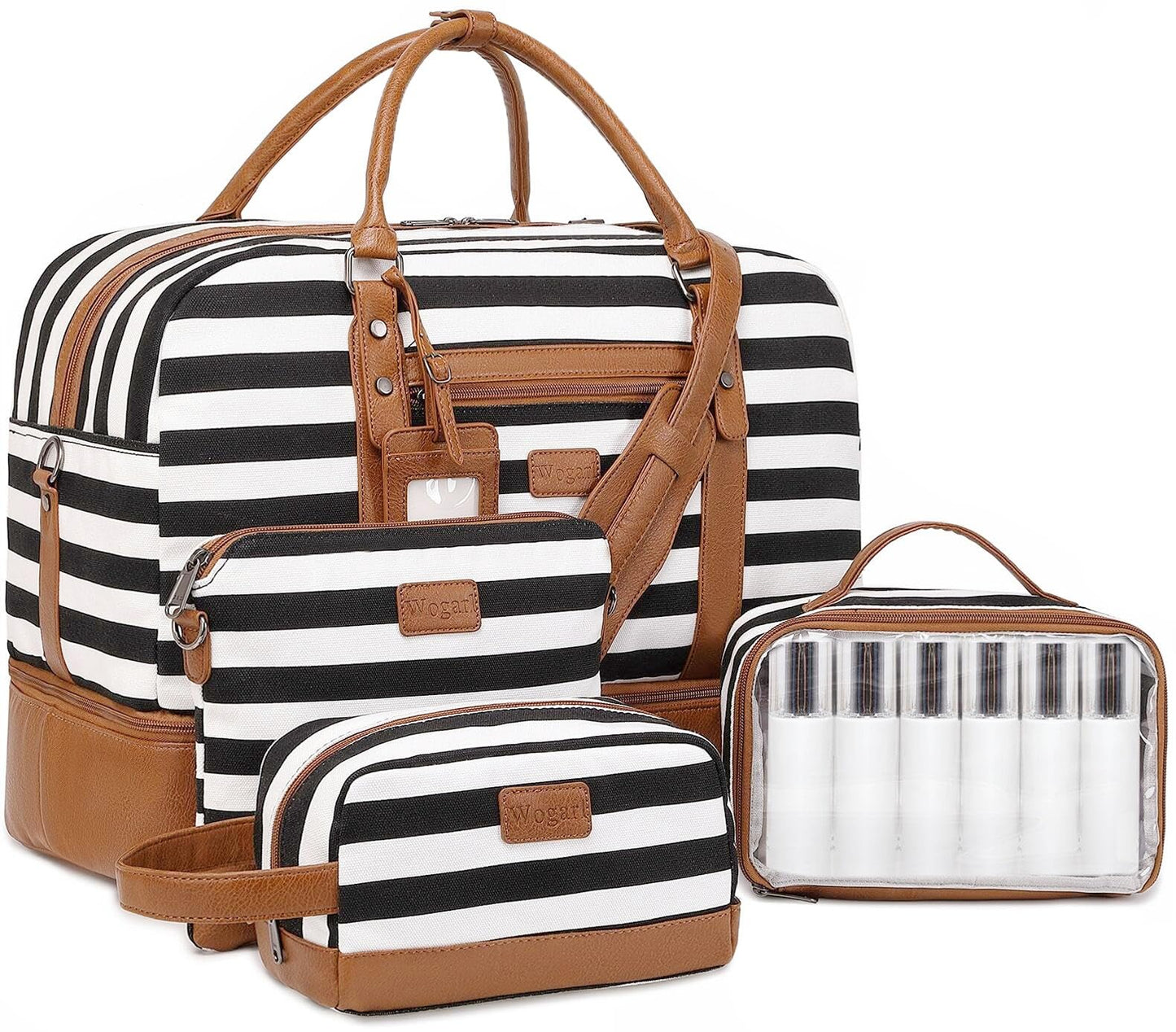 Wogarl 4PCS Weekender Bags for Women Large Overnight Bag Weekend Travel Duffel Bag Carry on Shoulder with Shoe Compartment Canvas Toiletry Bag for Travel Business Gym(Wide Black White-CH)