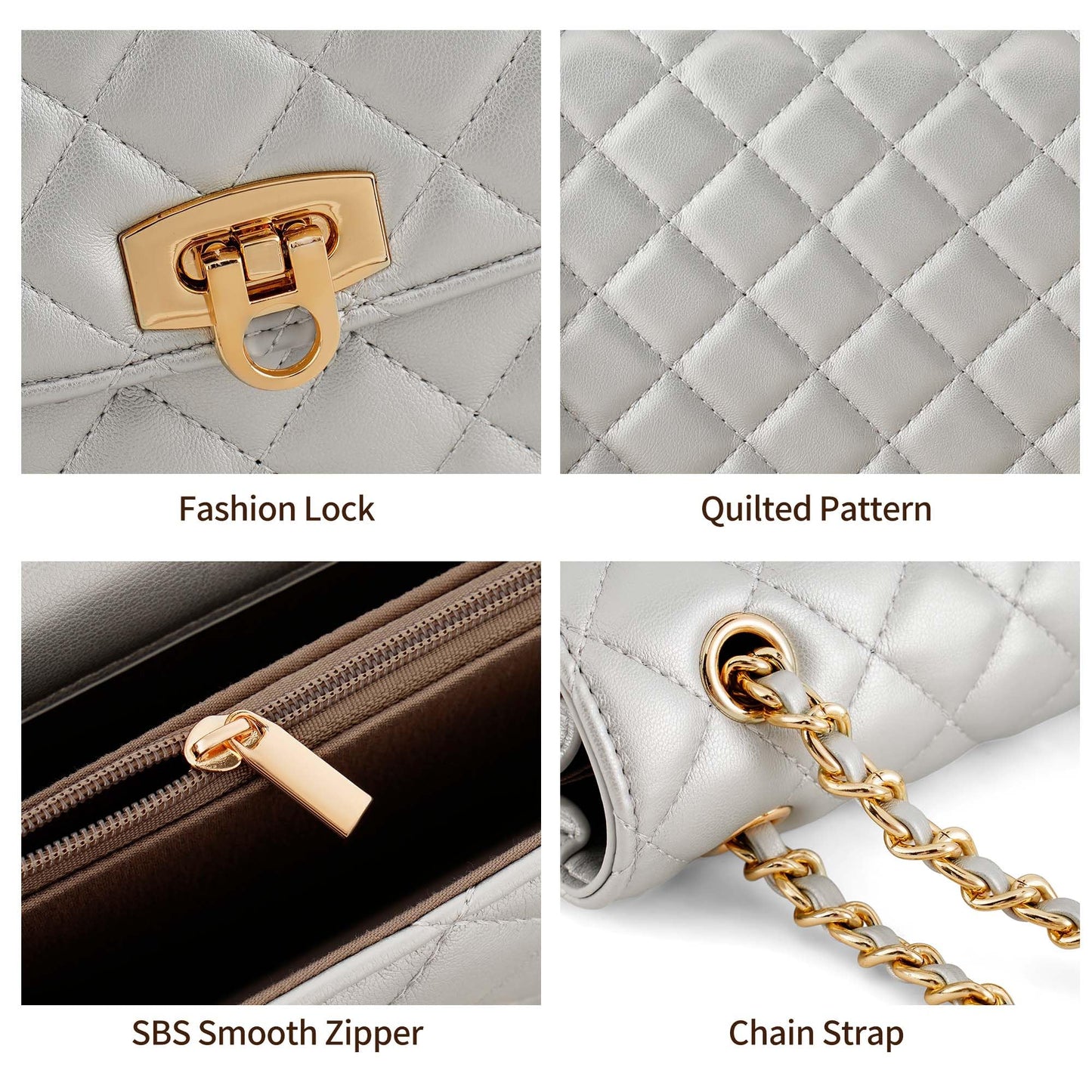 GEMIU Quilted Crossbody Purse Formal Small Women's Shoulder Handbags for Womens Clutch Purses with Gold Chain Dressy Sliver