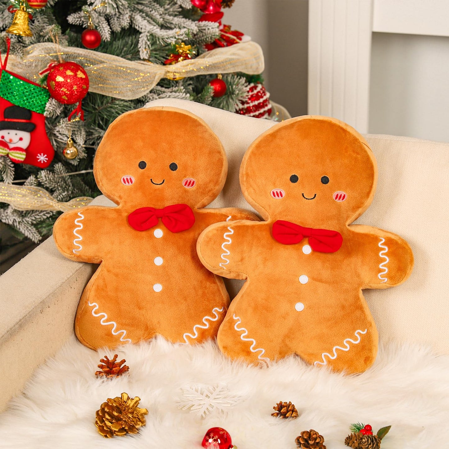 Whaline Christmas Gingerbread Throw Pillows 15.7 in Decorative Cute Stuffed Gingerbread Man Shaped Pillows for Xmas Party Home Couch Cushion, Set of 2