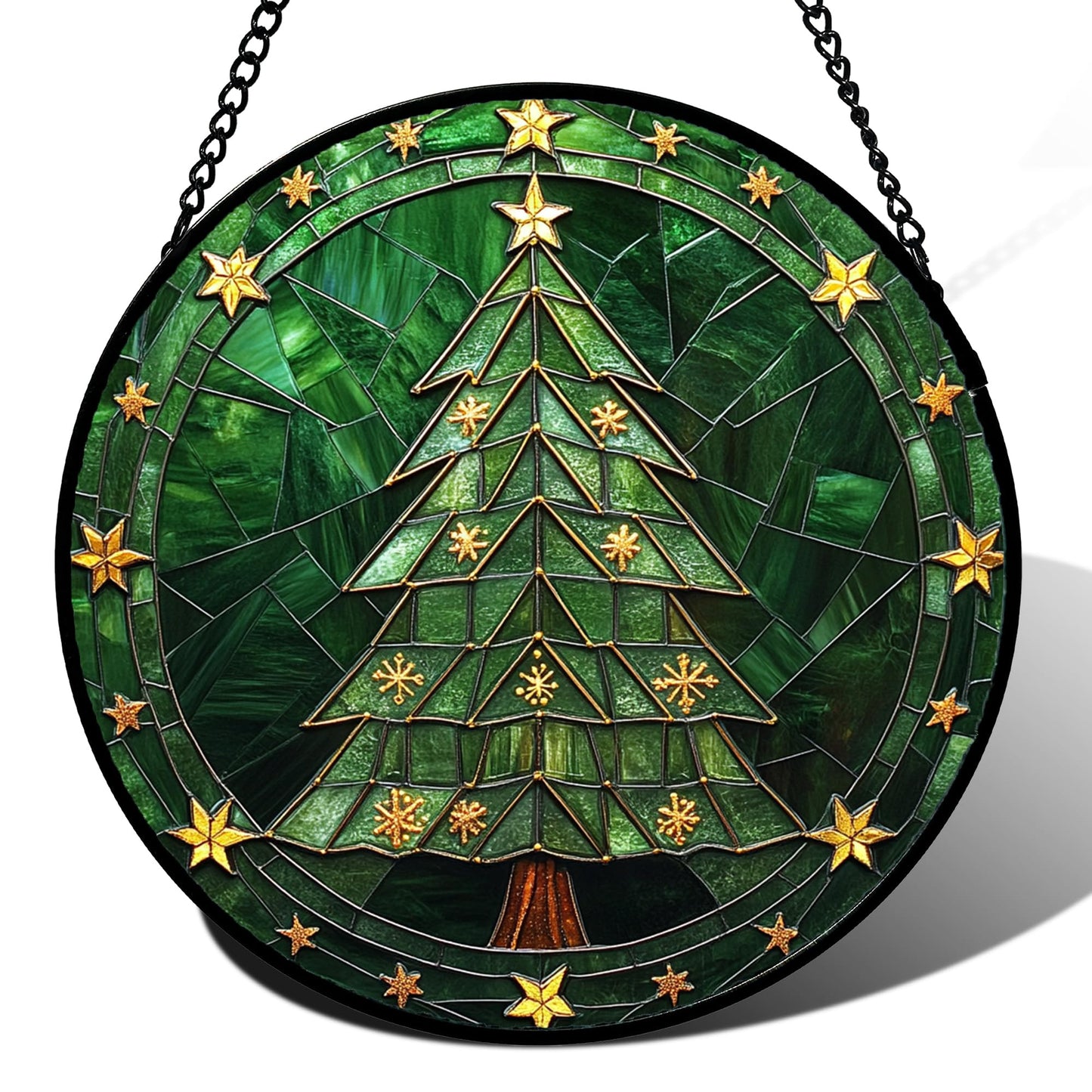 Stained Glass Window Hanging - Green Christmas Tree with Golden Stars Suncatcher for Doors Home Christmas Decoration Sun Catcher Thanksgiving New Year Birthday Gifts for Women Men Mom Nana 11.8 in