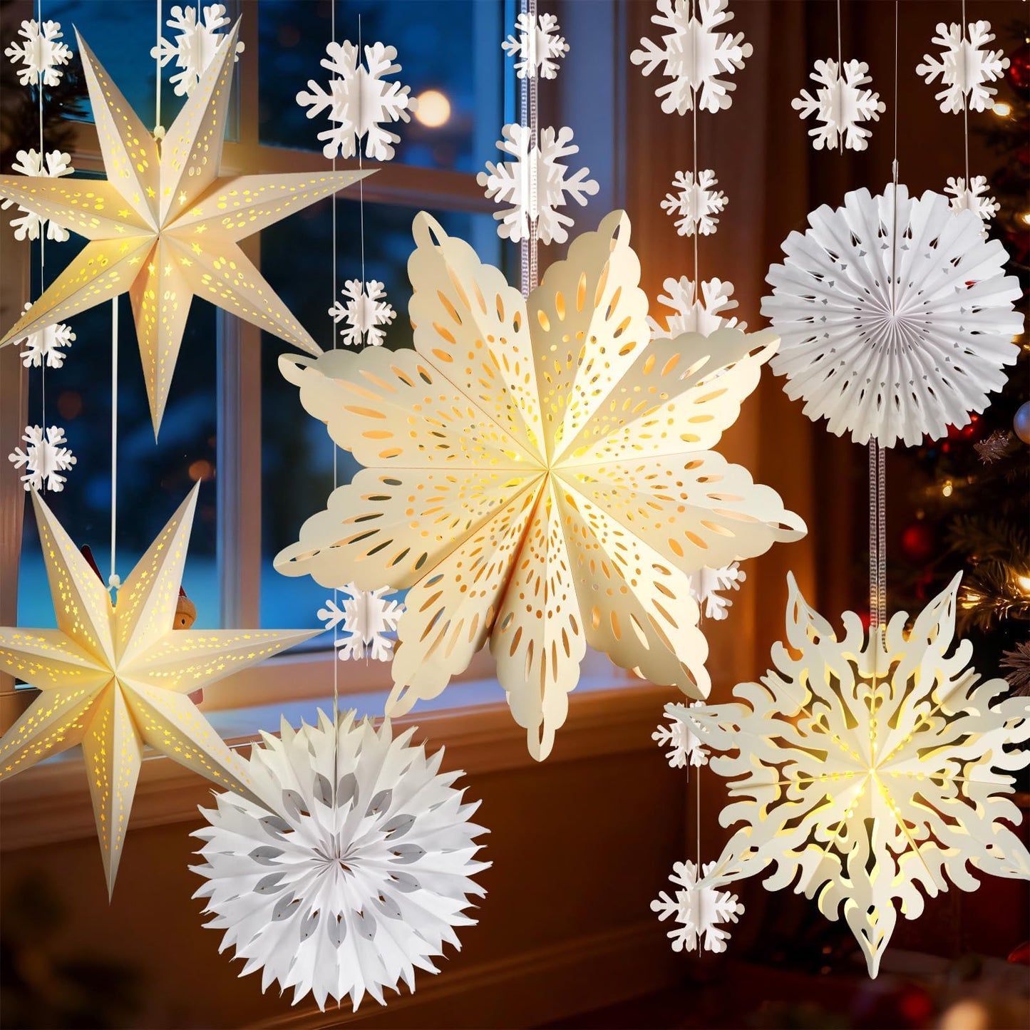 Winter Wonderland Snowflake Party Decorations, Christmas Hanging Decor, White Paper Star Snowflake Lanterns with Lights Paper Fans Garlands Set for Christmas Frozen Winter Birthday Wedding Party Decor