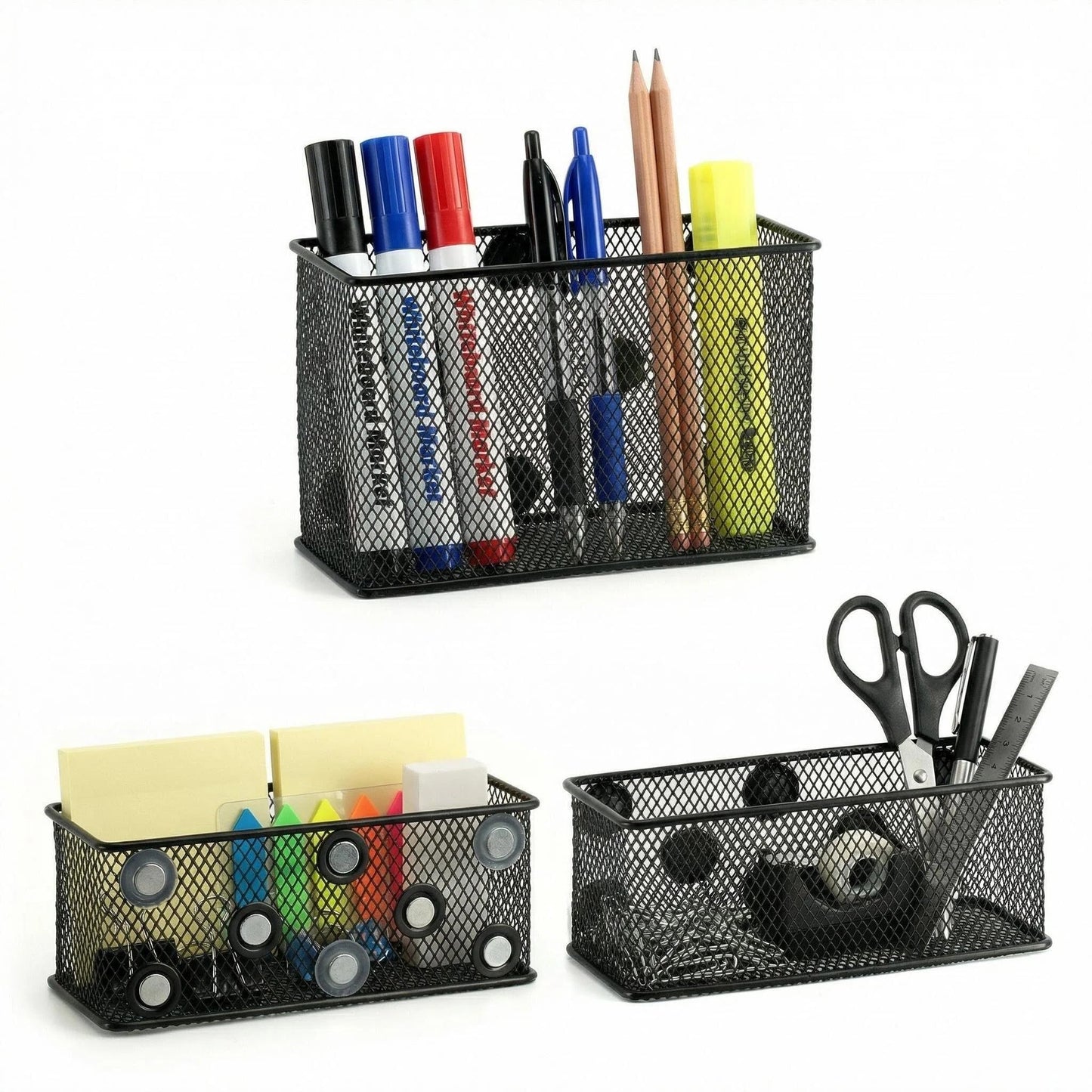 Neudeco Magnetic Locker Shelf Organizer, Pencil Holder, Metal Storage Basket for Whiteboard, Refrigerator, Ideal Cabinet for School, Black (Pack of 3)