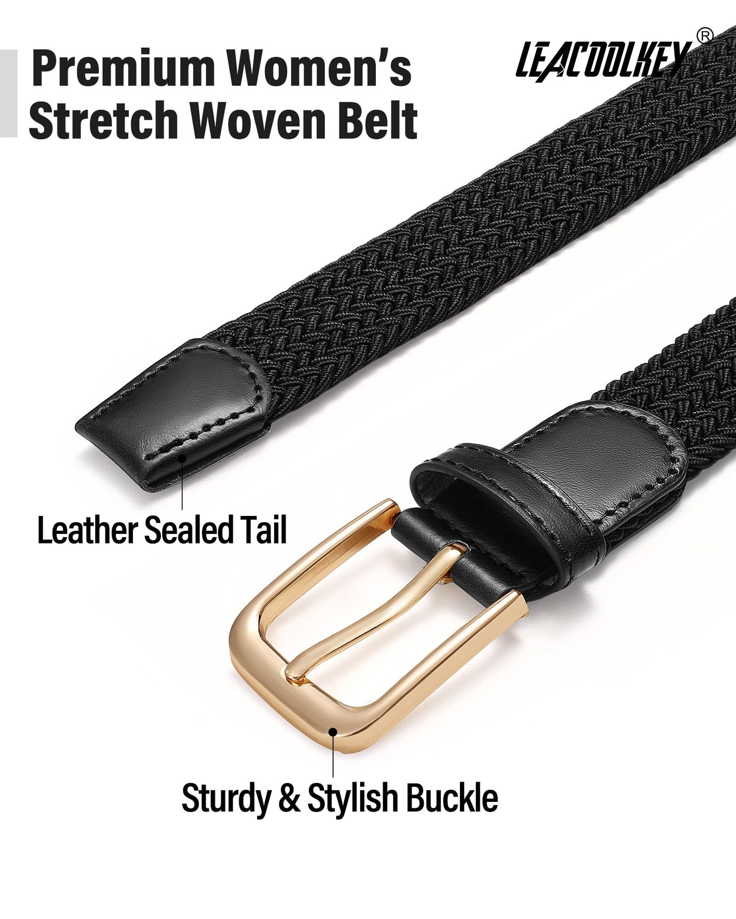 LEACOOLKEY Women’s Stretch Braided Belt Elastic Woven Casual Belt for Jeans Trousers & Golf Pants Black