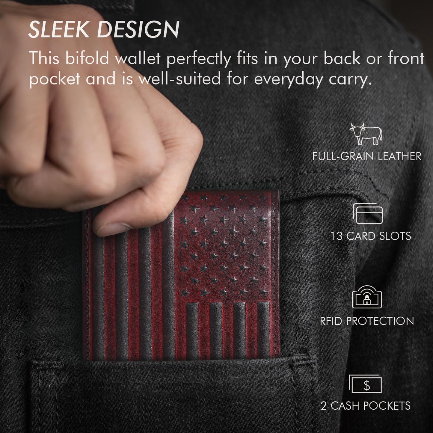 Pefiam Full Grain Leather Wallet for Men, RFID Blocking, Mens Wallet Bifold with 2 ID Windows, Billfold with 13 Card Slots, Leather Gift for Men, American Flag Wallet Red